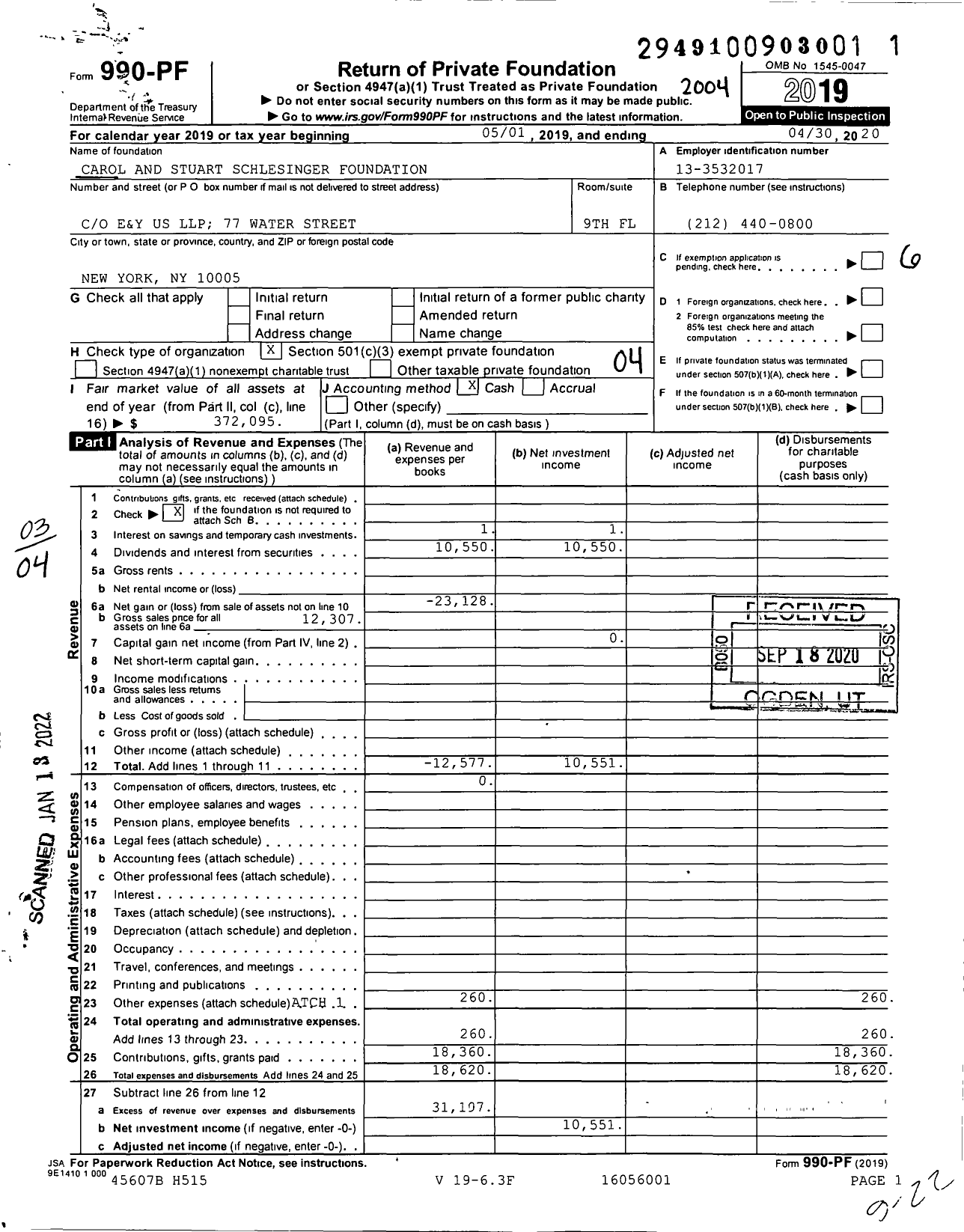 Image of first page of 2019 Form 990PF for Carol and Stuart Schlesinger Foundation