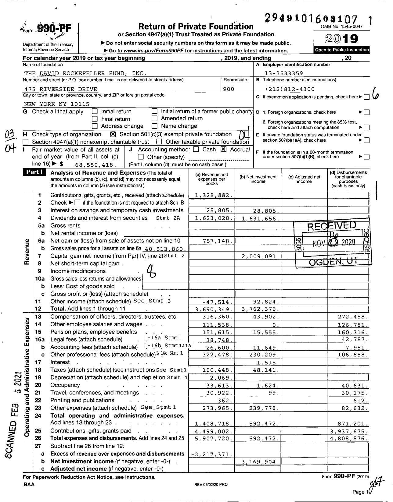Image of first page of 2019 Form 990PA for The David Rockefeller Fund
