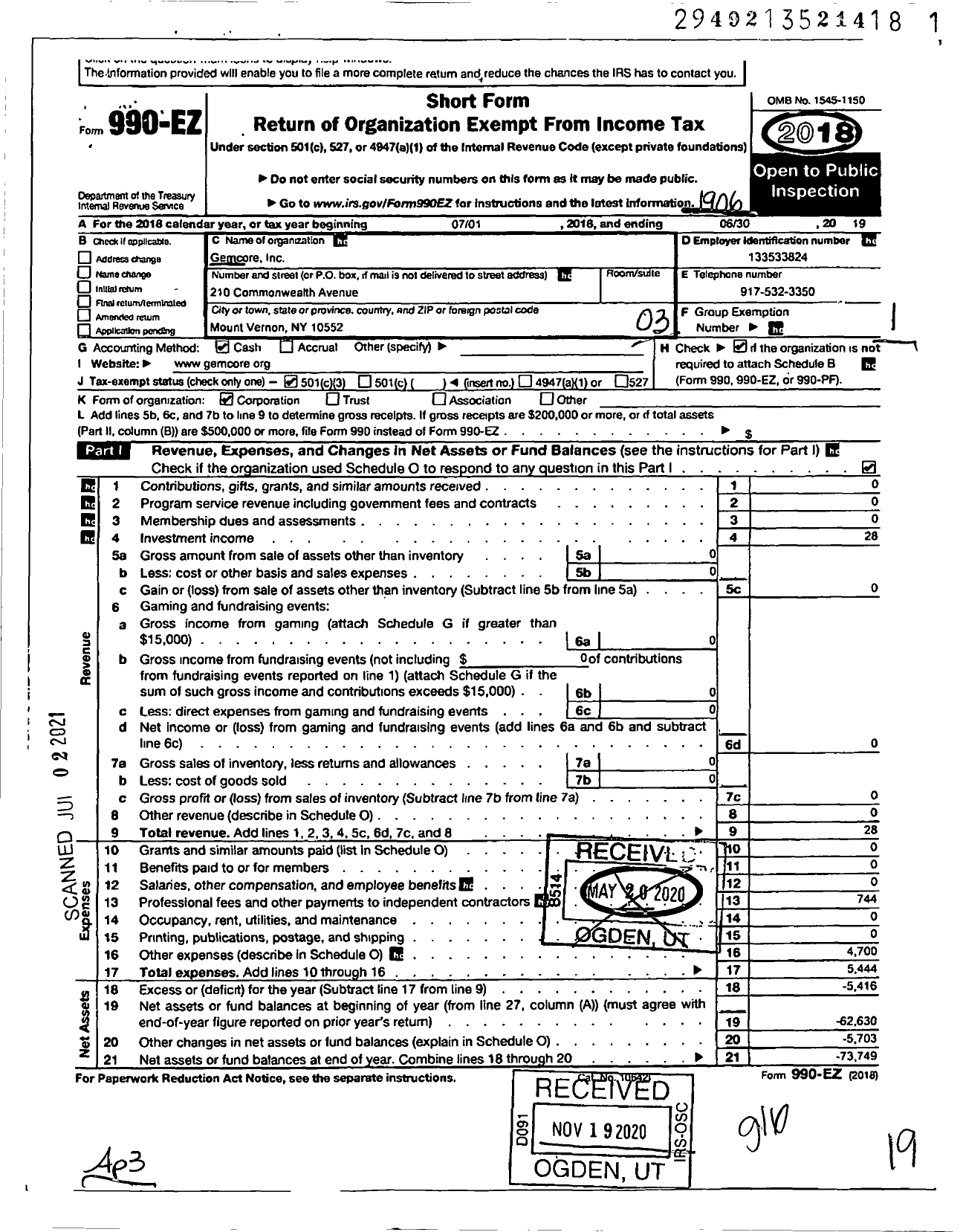 Image of first page of 2018 Form 990EZ for Gemcore