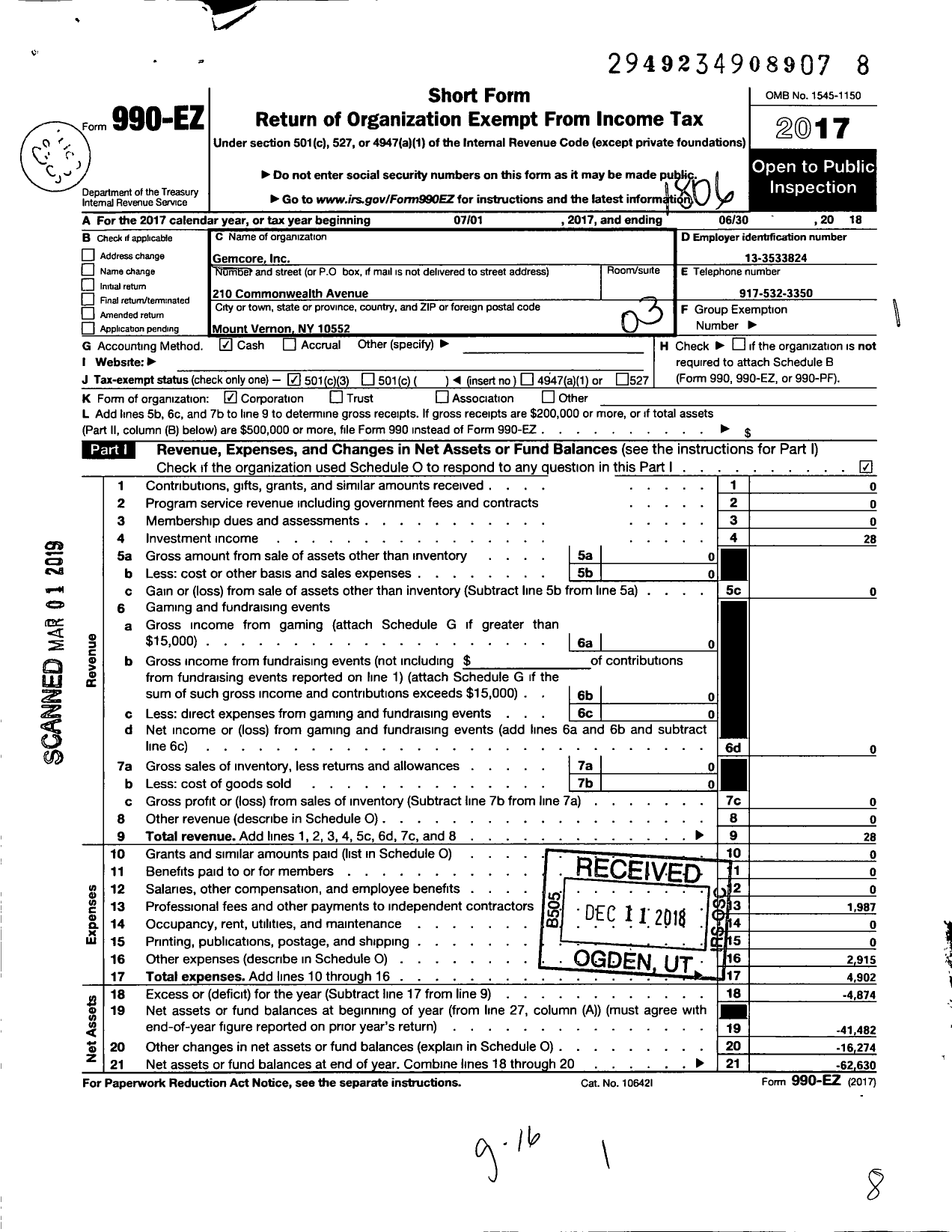 Image of first page of 2017 Form 990EZ for Gemcore