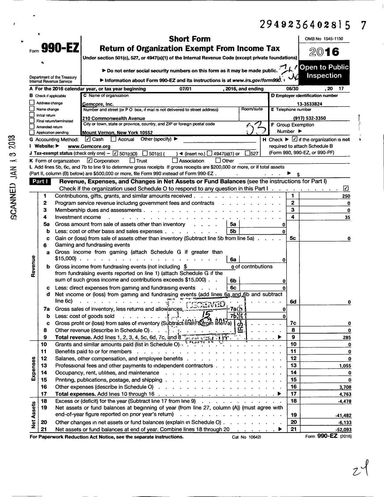 Image of first page of 2016 Form 990EZ for Gemcore