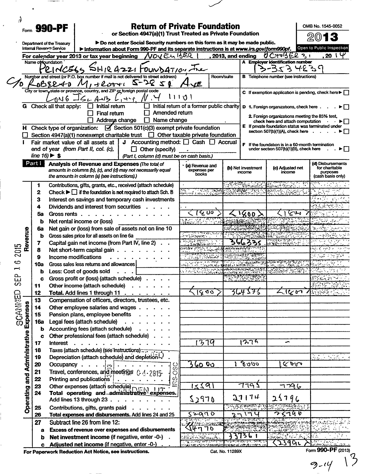 Image of first page of 2013 Form 990PF for Princess Shirazi Foundation