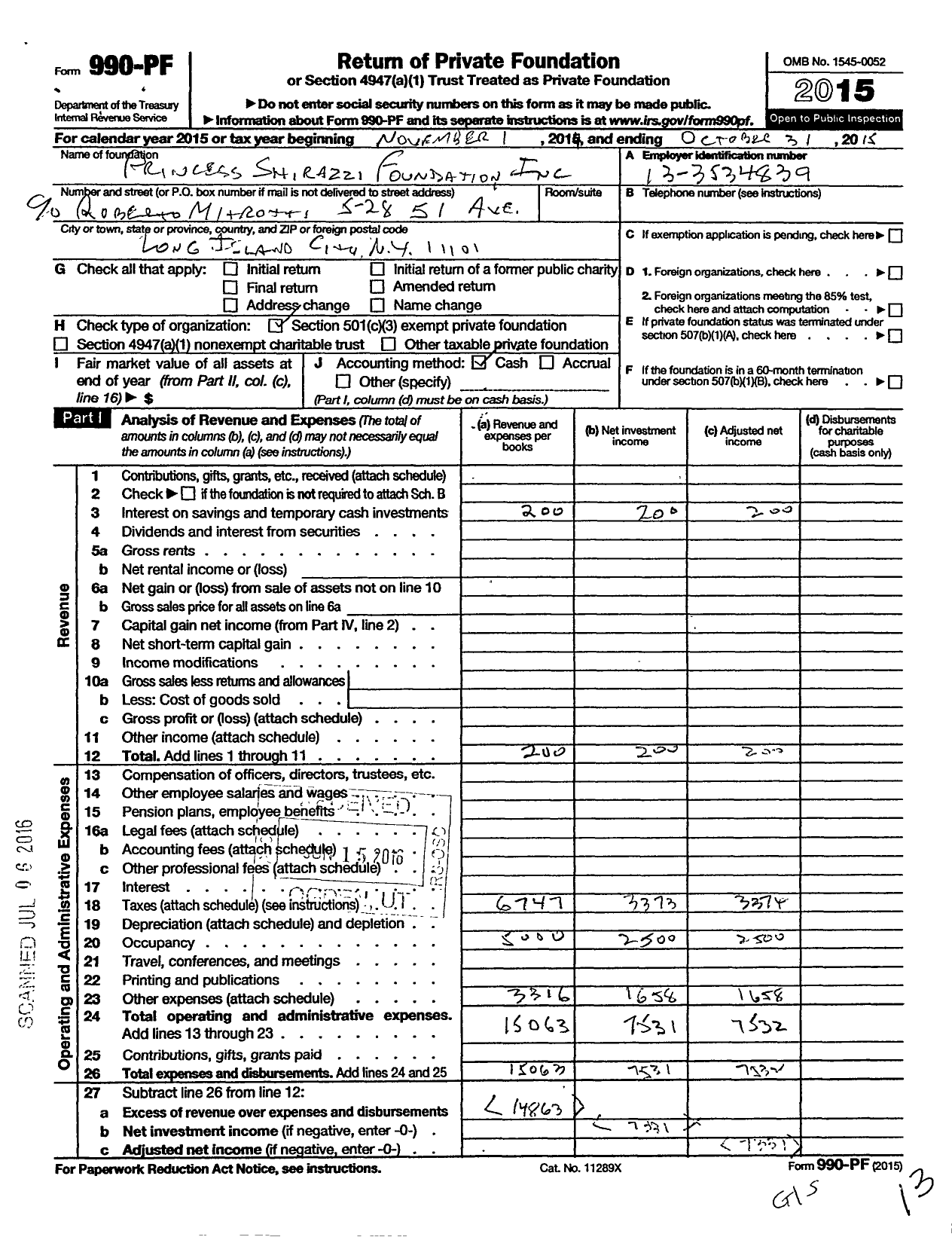 Image of first page of 2014 Form 990PF for Princess Shirazi Foundation