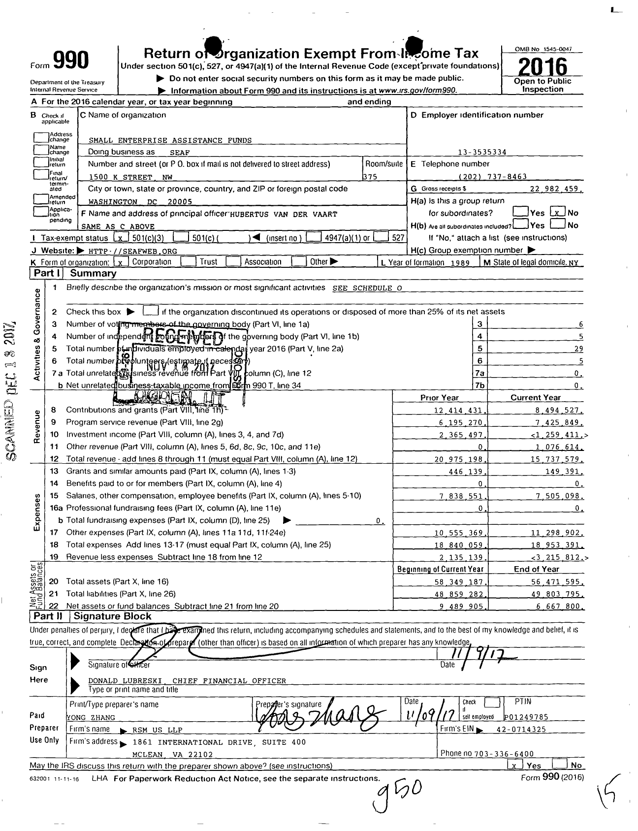 Image of first page of 2016 Form 990 for Small Enterprise Assistance Funds (SEAF)