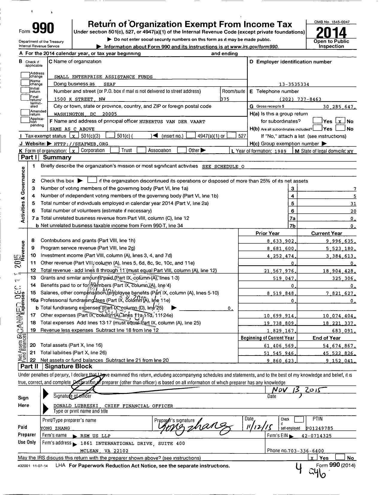 Image of first page of 2014 Form 990 for Small Enterprise Assistance Funds (SEAF)