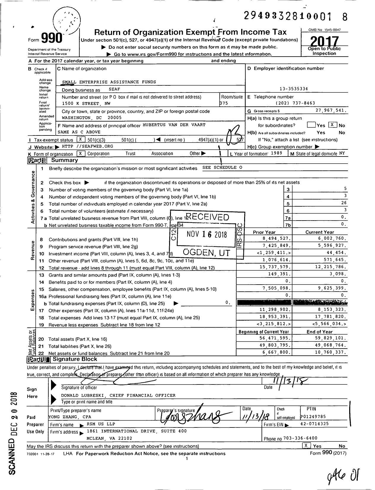 Image of first page of 2017 Form 990 for Small Enterprise Assistance Funds (SEAF)