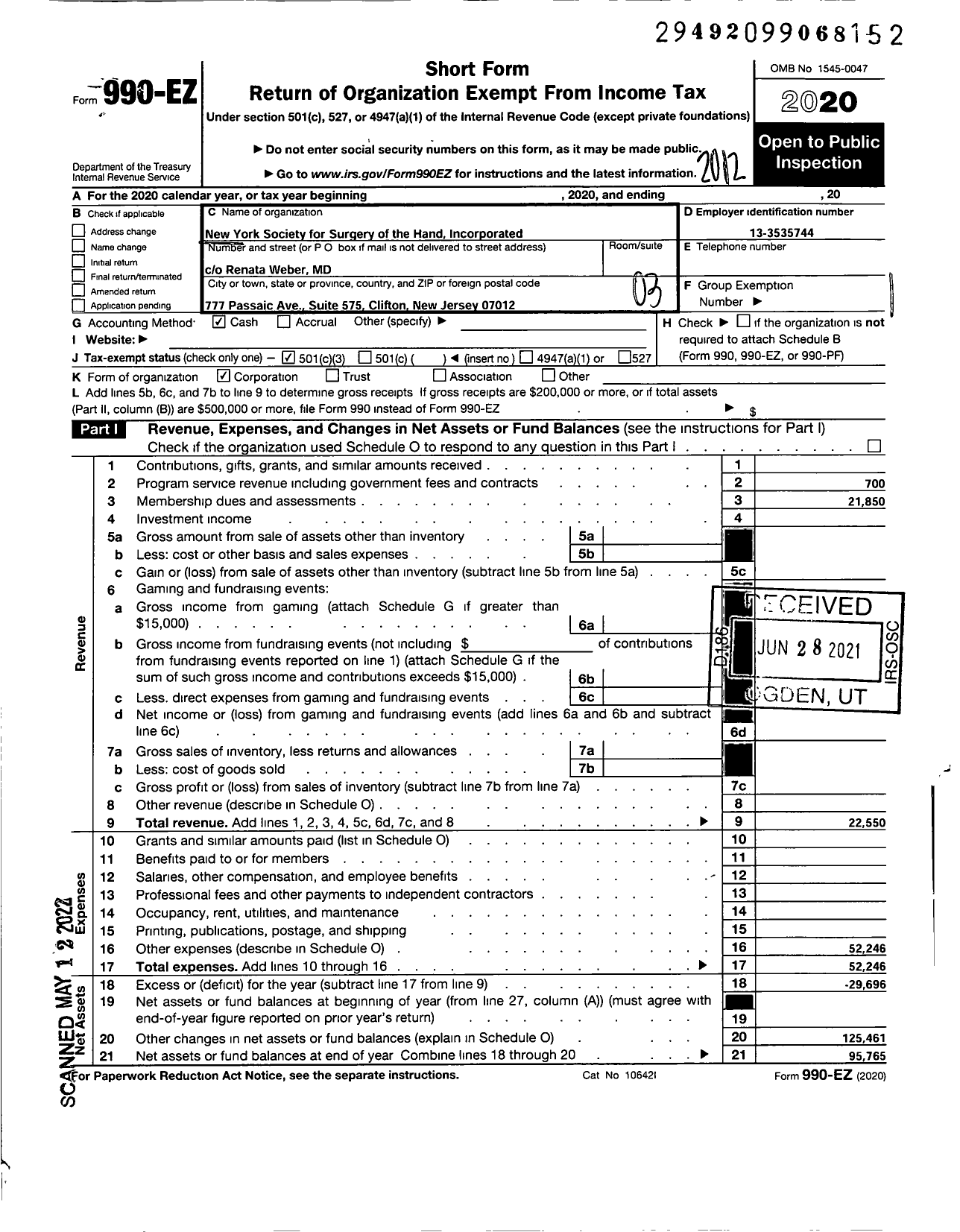 Image of first page of 2020 Form 990EZ for New York Society for Surgery of the Hand Incorporated