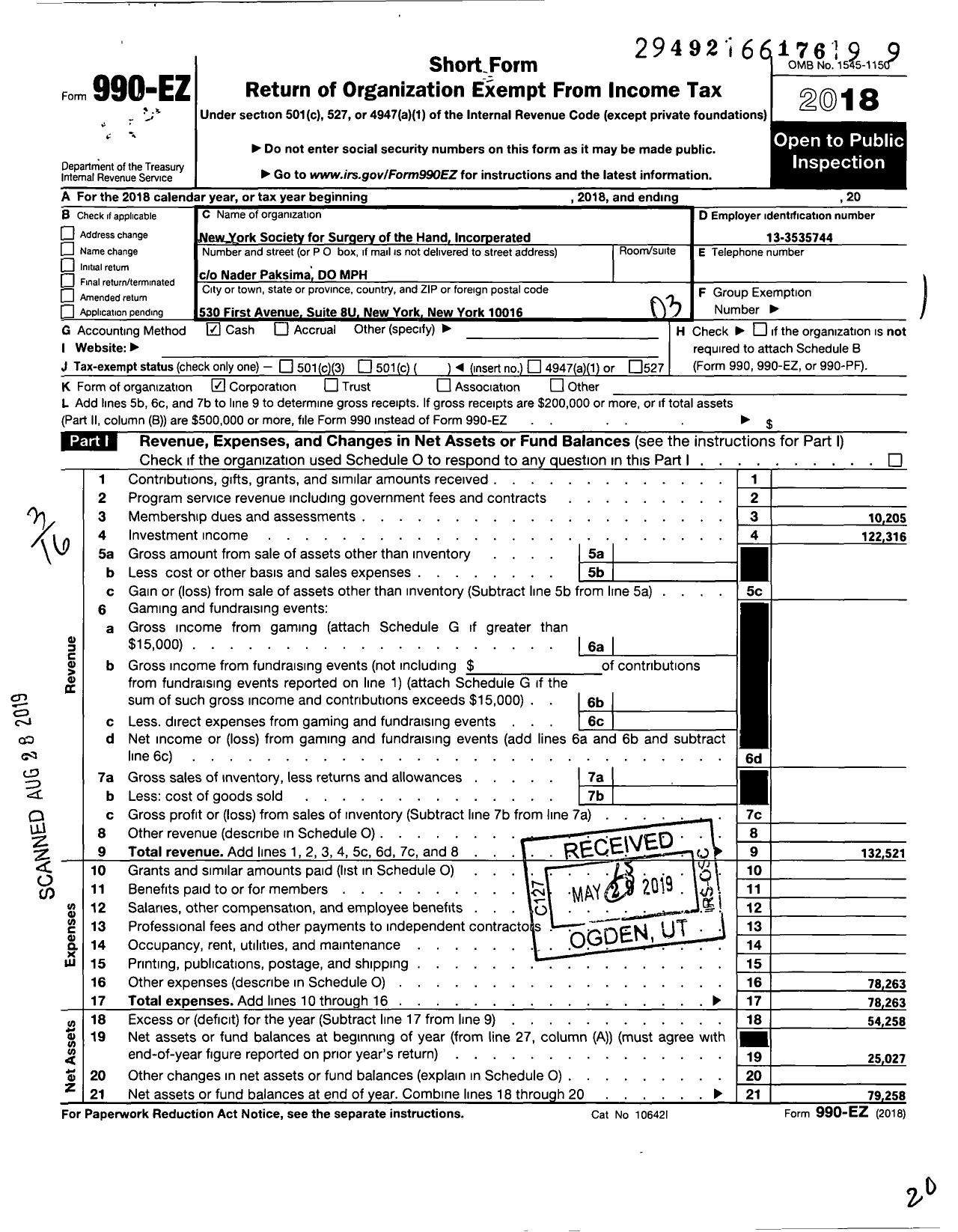 Image of first page of 2018 Form 990EZ for New York Society for Surgery of the Hand Incorporated