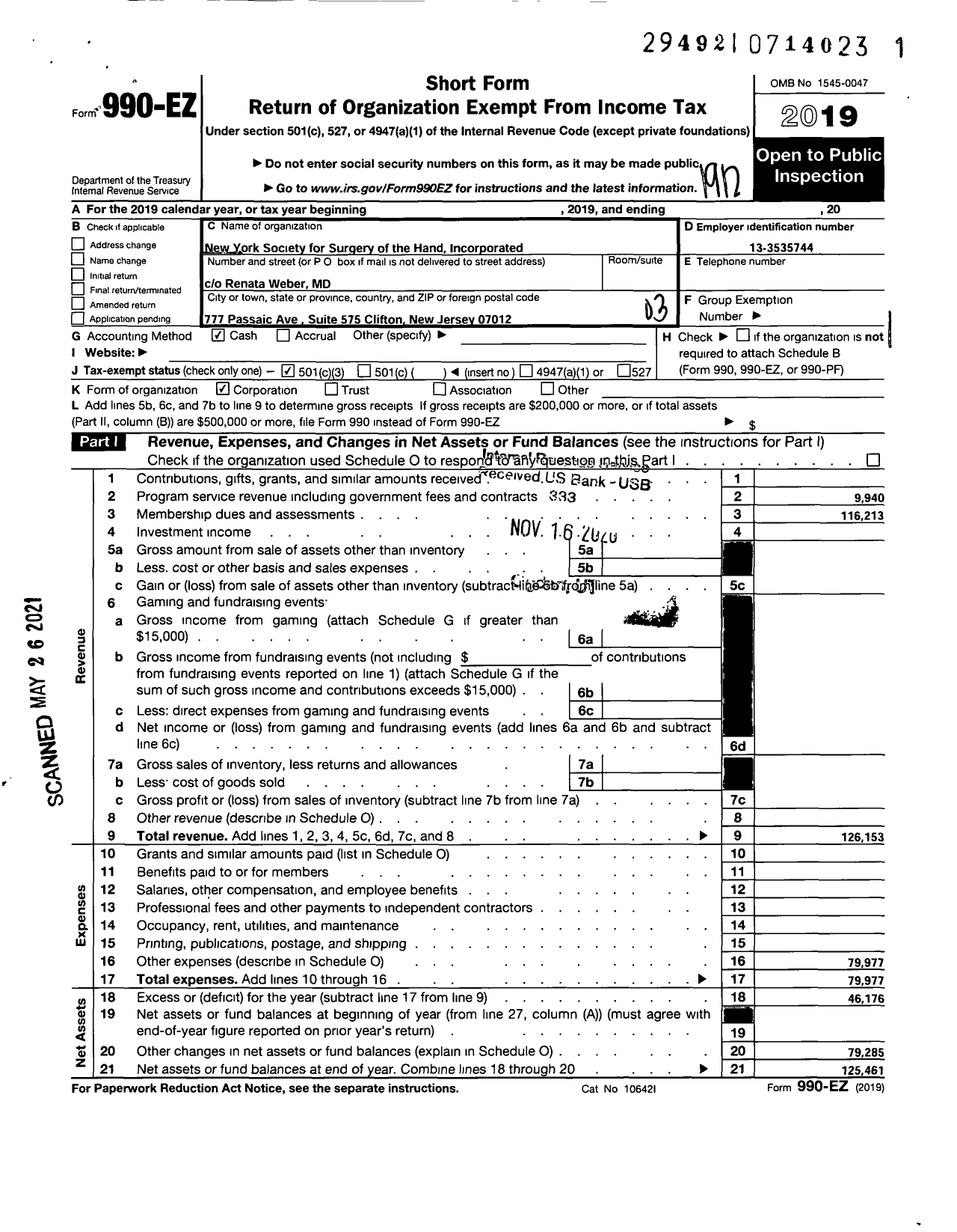 Image of first page of 2019 Form 990EZ for New York Society for Surgery of the Hand Incorporated