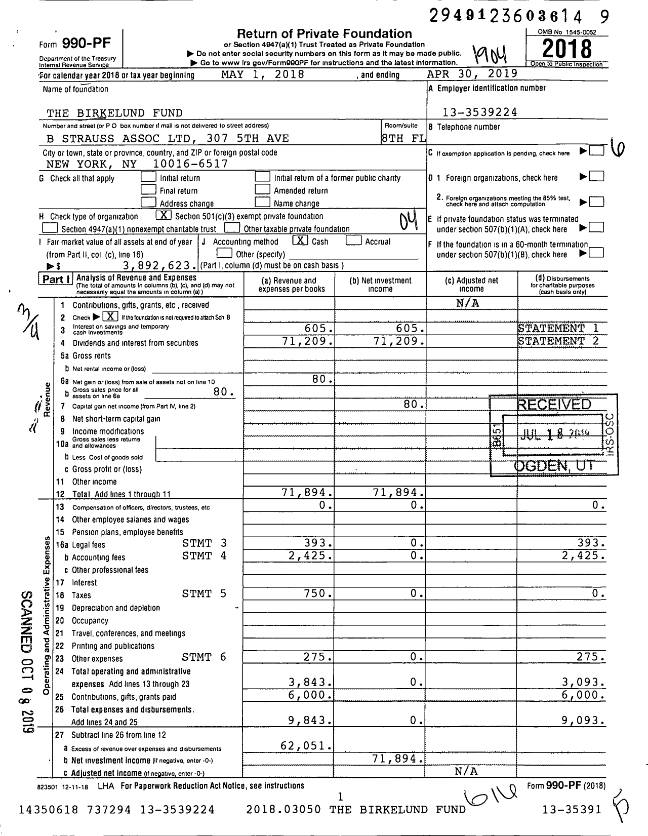 Image of first page of 2018 Form 990PF for Birkelund Fund