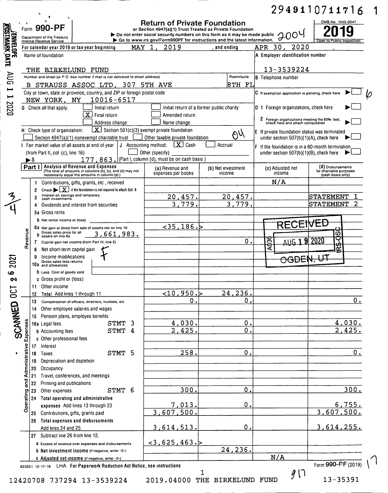 Image of first page of 2019 Form 990PF for Birkelund Fund
