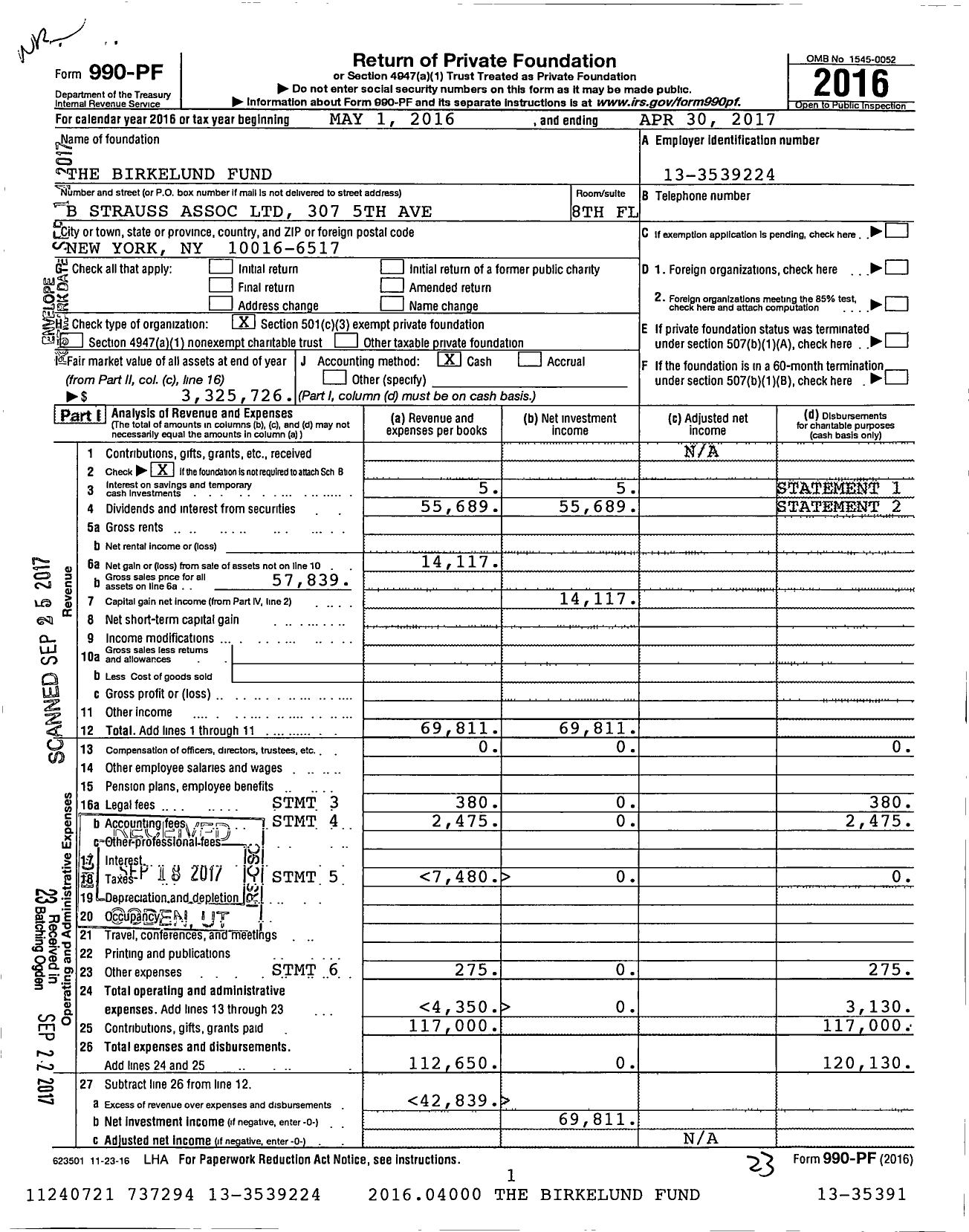 Image of first page of 2016 Form 990PF for Birkelund Fund