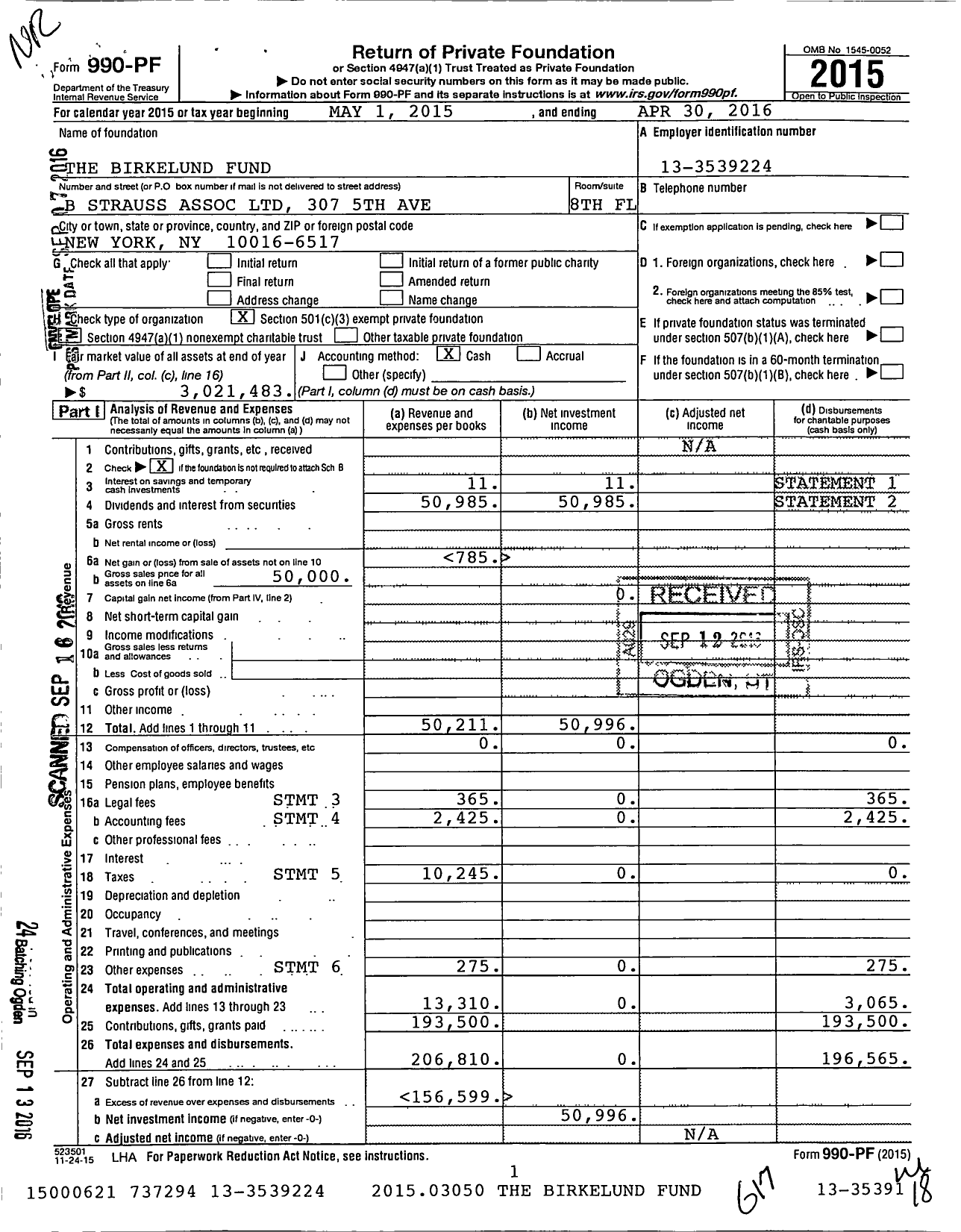 Image of first page of 2015 Form 990PF for Birkelund Fund