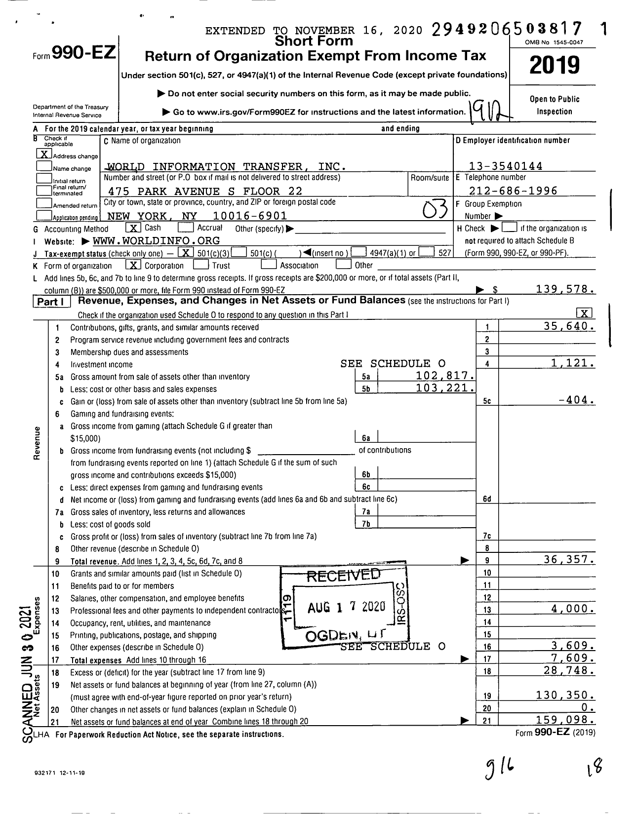 Image of first page of 2019 Form 990EZ for World Information Transfer