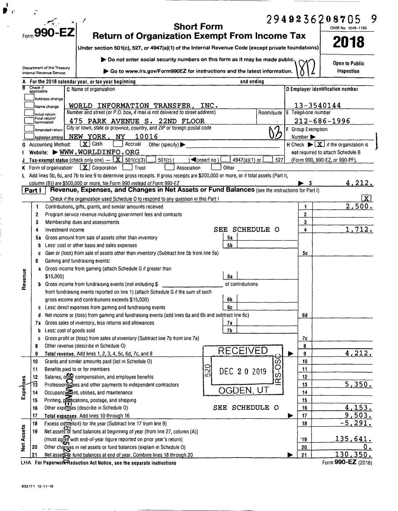 Image of first page of 2018 Form 990EZ for World Information Transfer