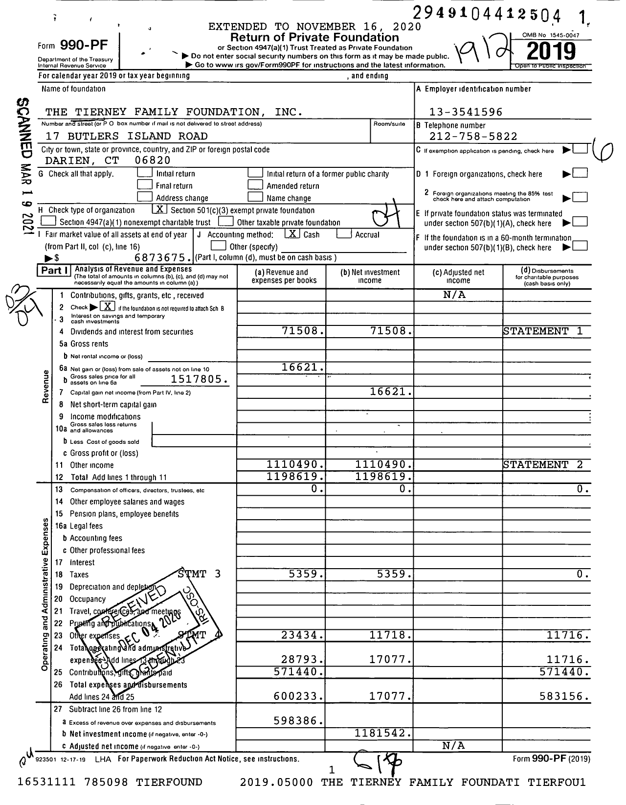 Image of first page of 2019 Form 990PF for The Tierney Family Foundation