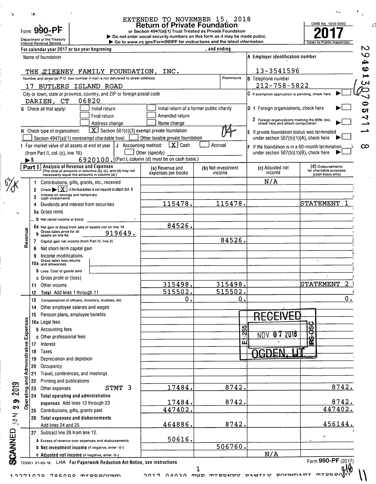 Image of first page of 2017 Form 990PF for The Tierney Family Foundation