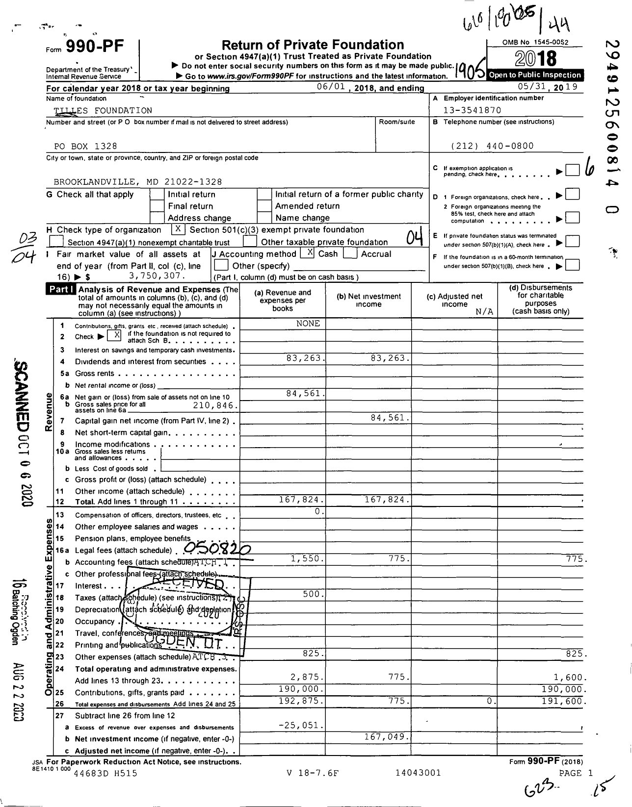 Image of first page of 2018 Form 990PR for Tilles Foundation