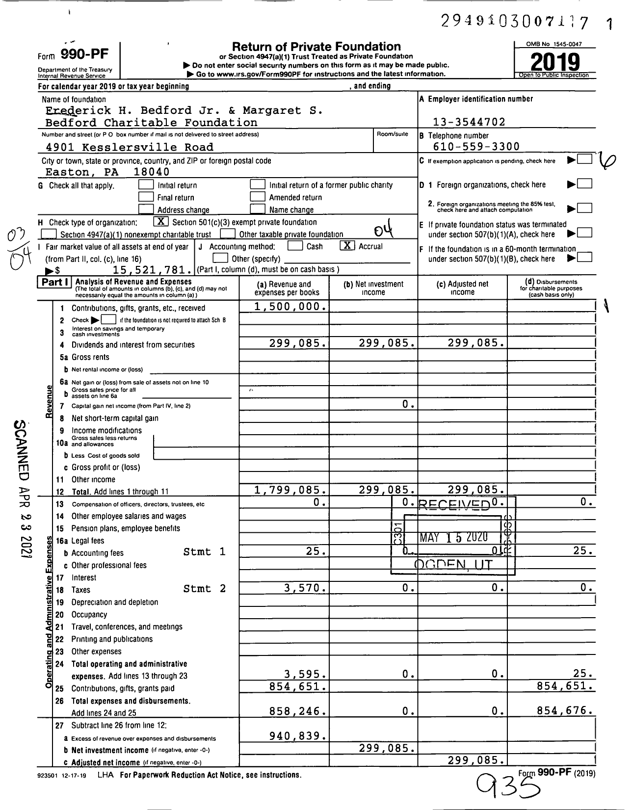 Image of first page of 2019 Form 990PF for Frederick H Bedford JR and Margaret S Bedford Charitable Foundation