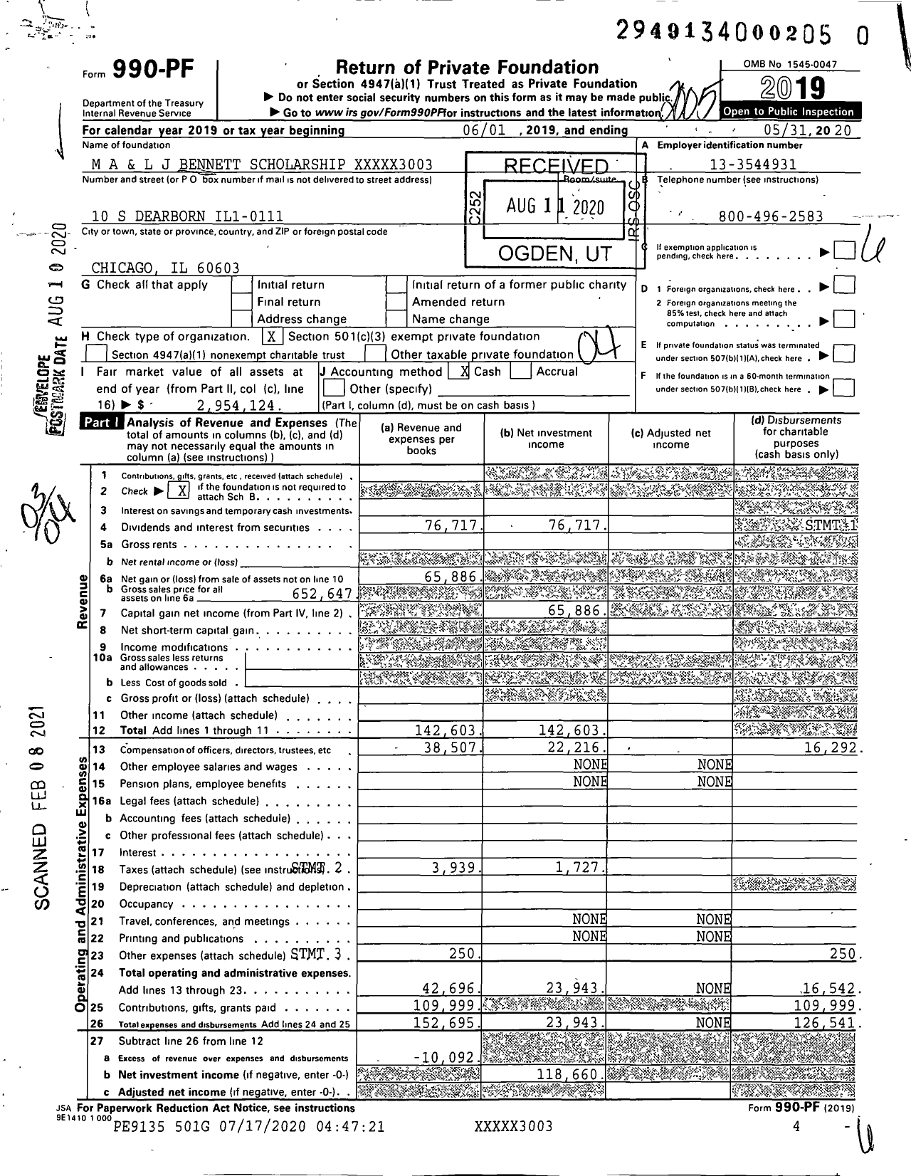 Image of first page of 2019 Form 990PF for M A and L J Bennett Scholarship XXXXXX3003