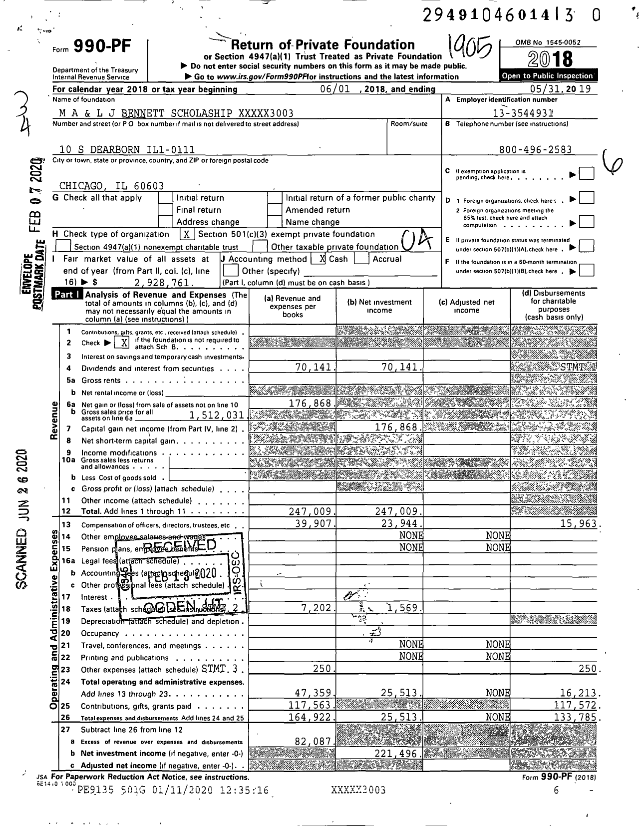 Image of first page of 2018 Form 990PR for M A and L J Bennett Scholarship XXXXXX3003