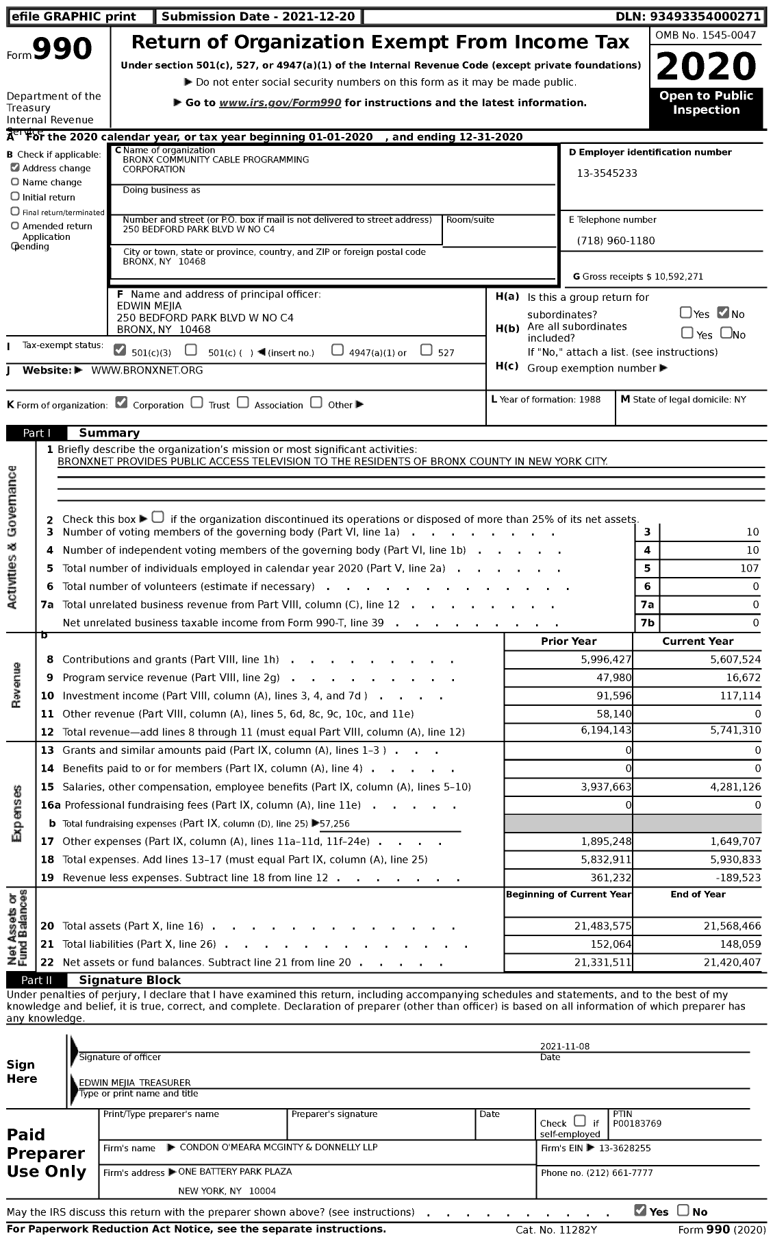 Image of first page of 2020 Form 990 for BronxNet