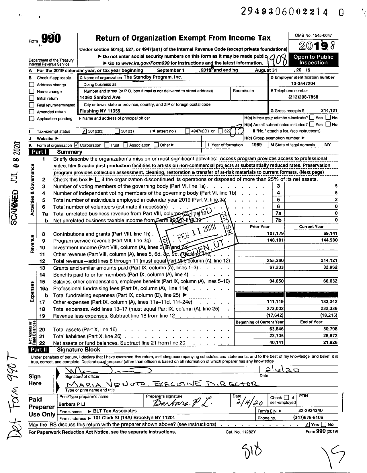 Image of first page of 2018 Form 990 for The Standby Program