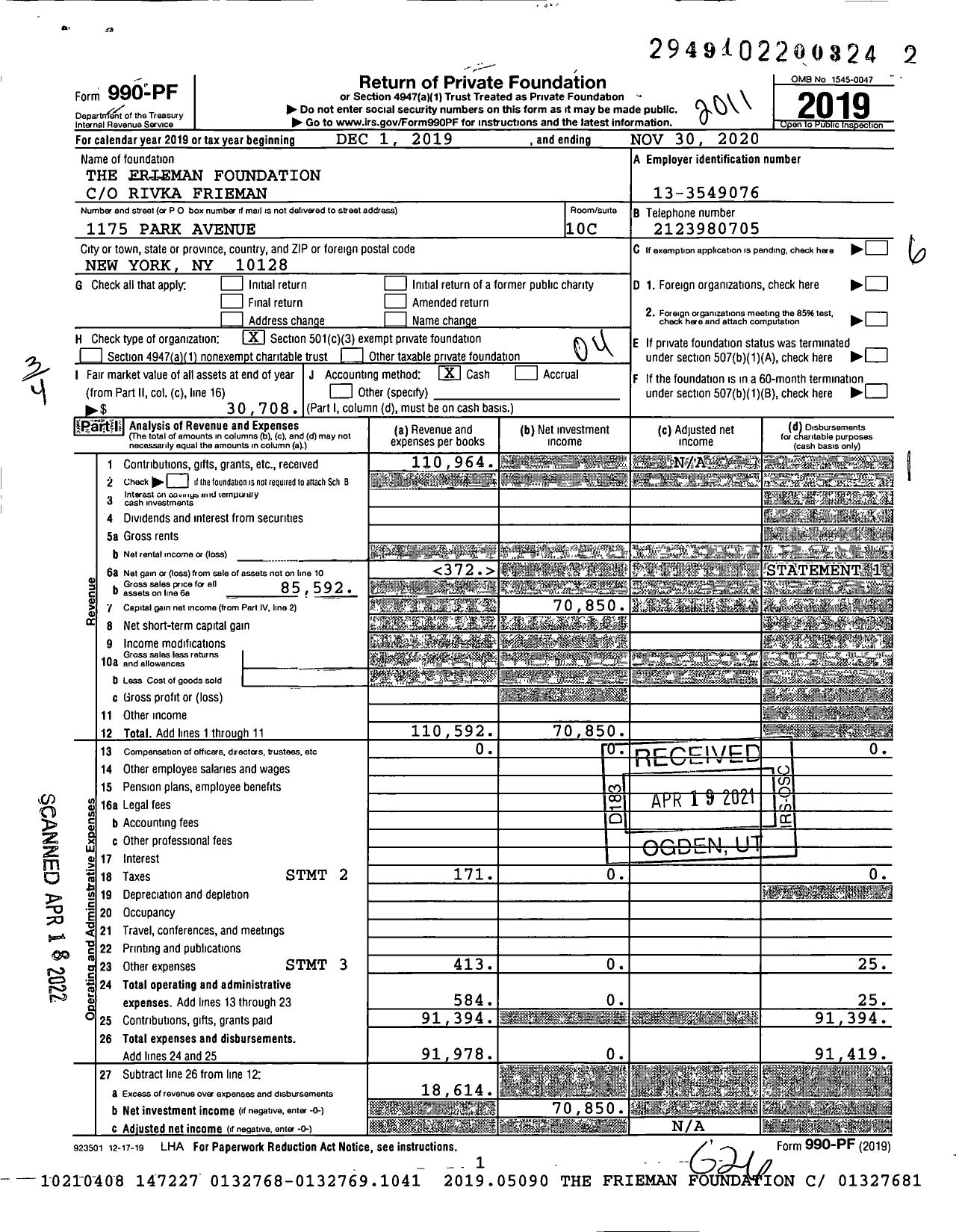 Image of first page of 2019 Form 990PF for The Frieman Foundation