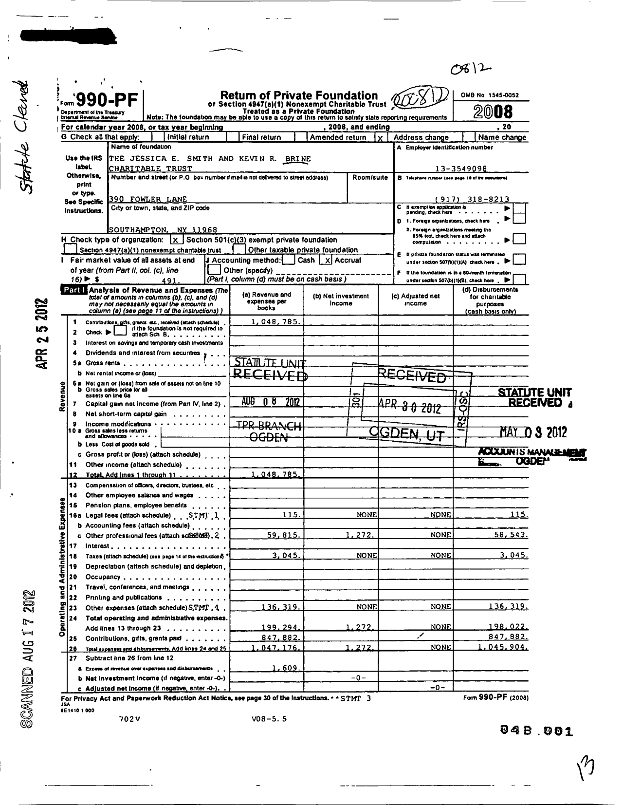 Image of first page of 2008 Form 990PF for Jessica E Smith and Kevin R Brine Charitable Trust