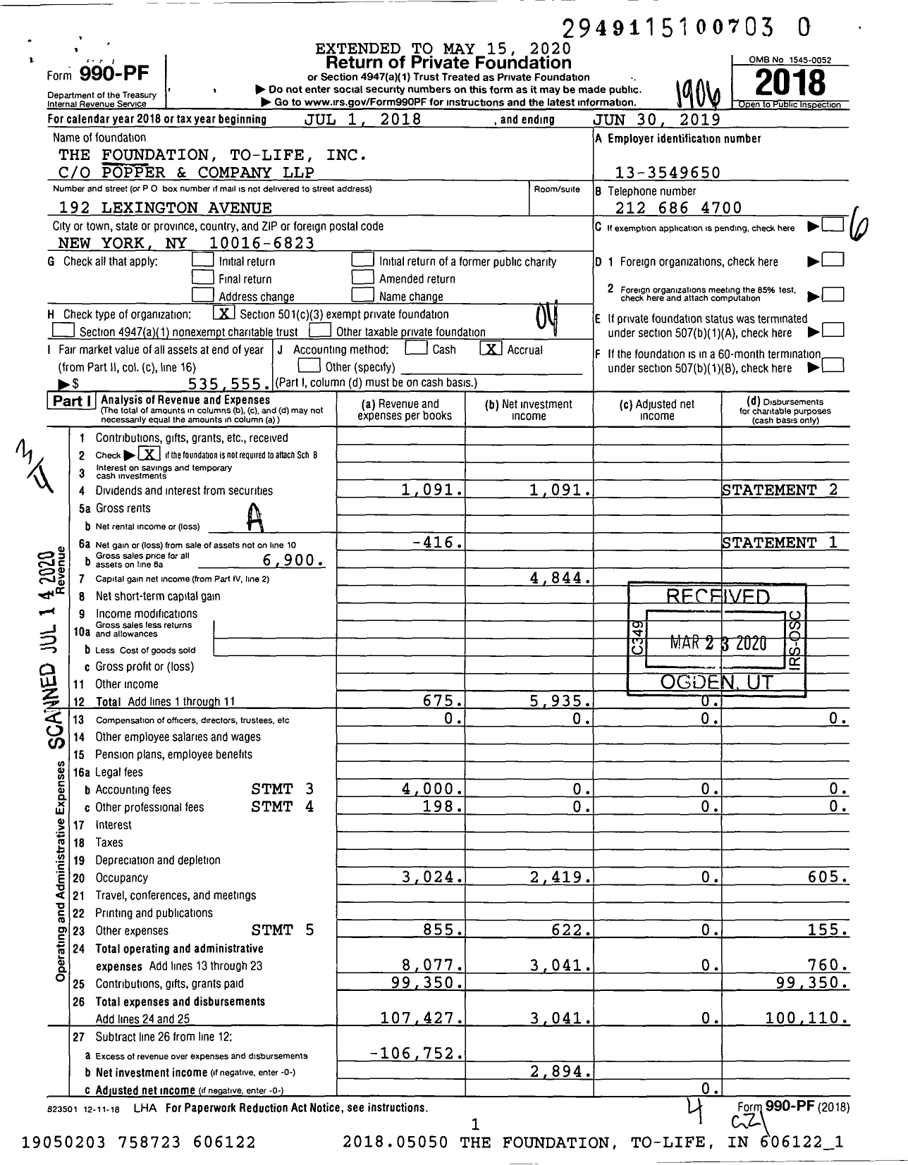 Image of first page of 2018 Form 990PR for The Foundation To-Life