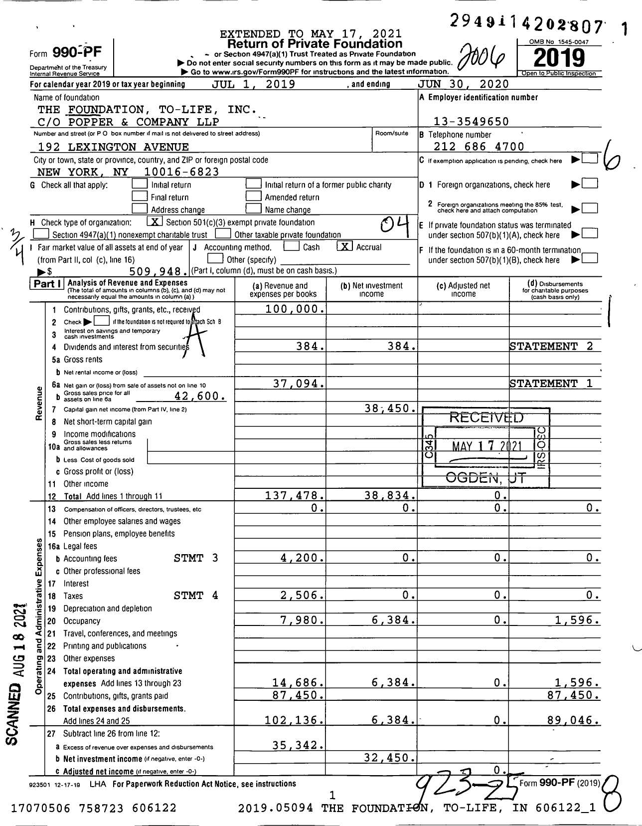 Image of first page of 2019 Form 990PF for The Foundation To-Life