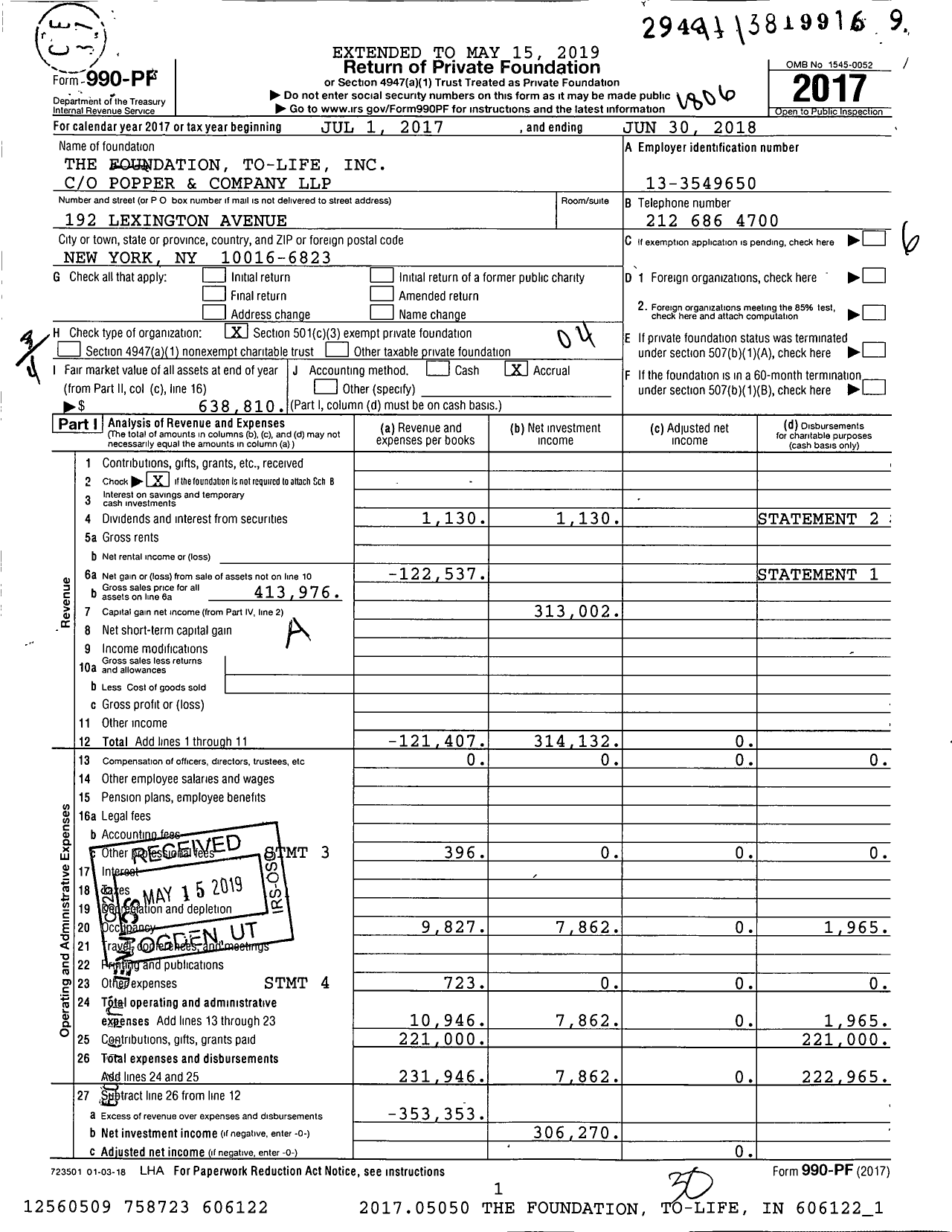 Image of first page of 2017 Form 990PF for The Foundation To-Life