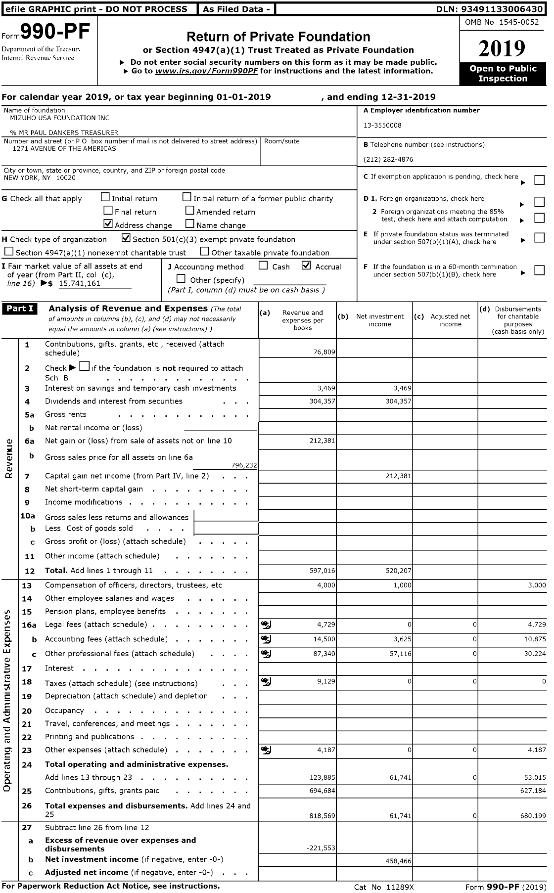 Image of first page of 2019 Form 990PR for Mizuho USA Foundation