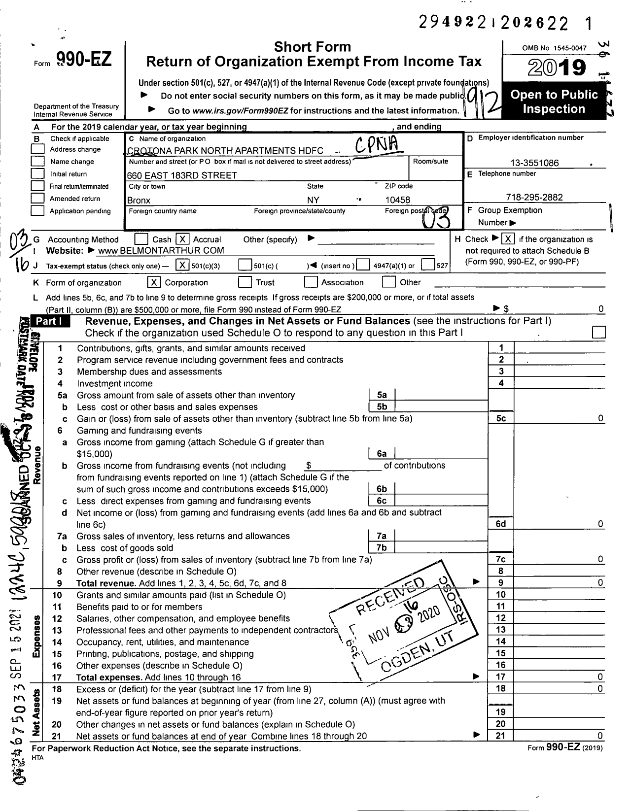 Image of first page of 2019 Form 990EZ for CPN Apartments HDFC