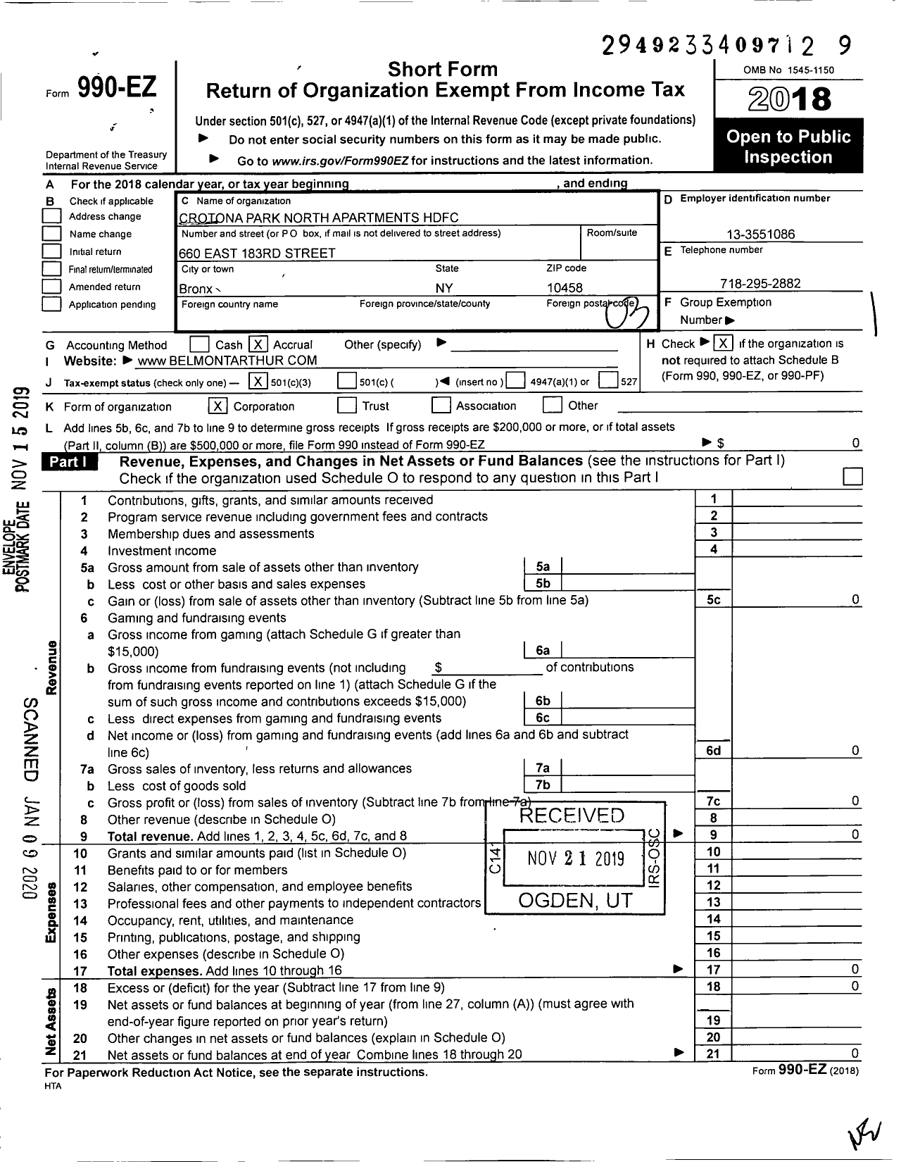 Image of first page of 2018 Form 990EZ for CPN Apartments HDFC