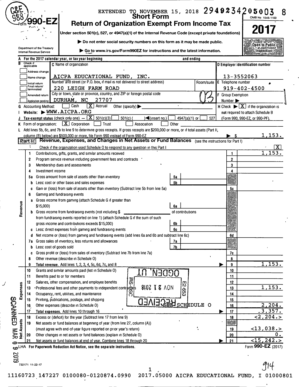 Image of first page of 2017 Form 990EZ for Aicpa Educational Fund