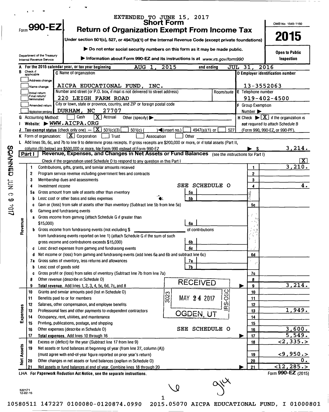 Image of first page of 2015 Form 990EZ for Aicpa Educational Fund