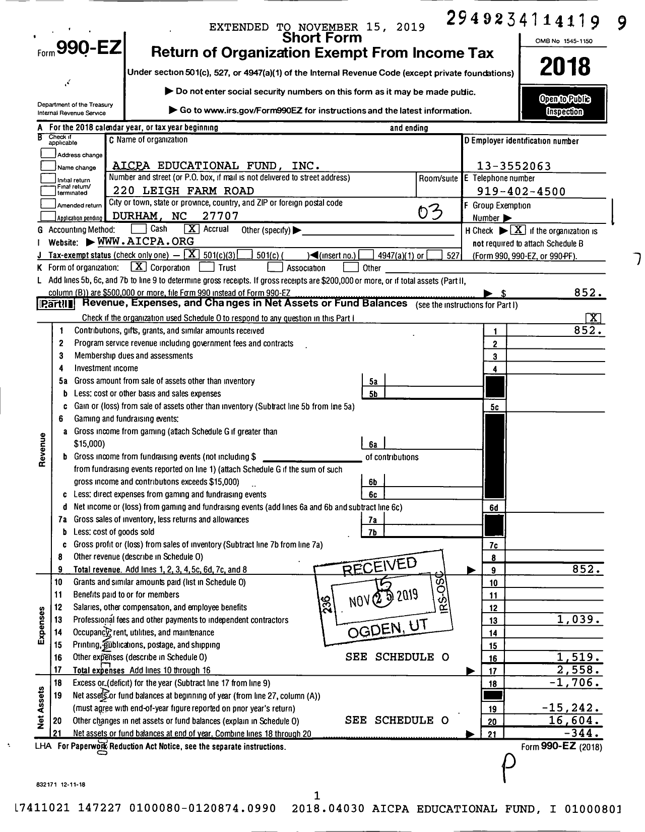 Image of first page of 2018 Form 990EZ for Aicpa Educational Fund