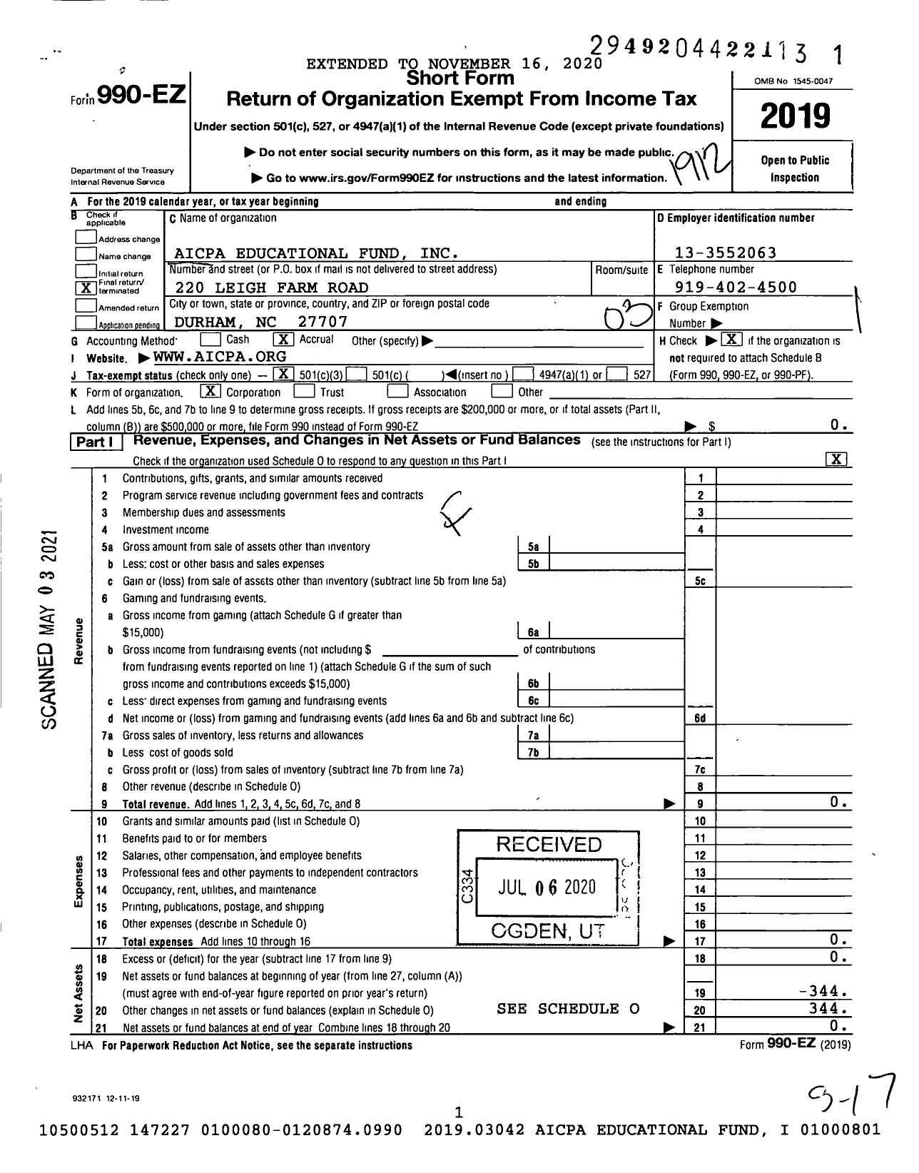 Image of first page of 2019 Form 990EZ for Aicpa Educational Fund