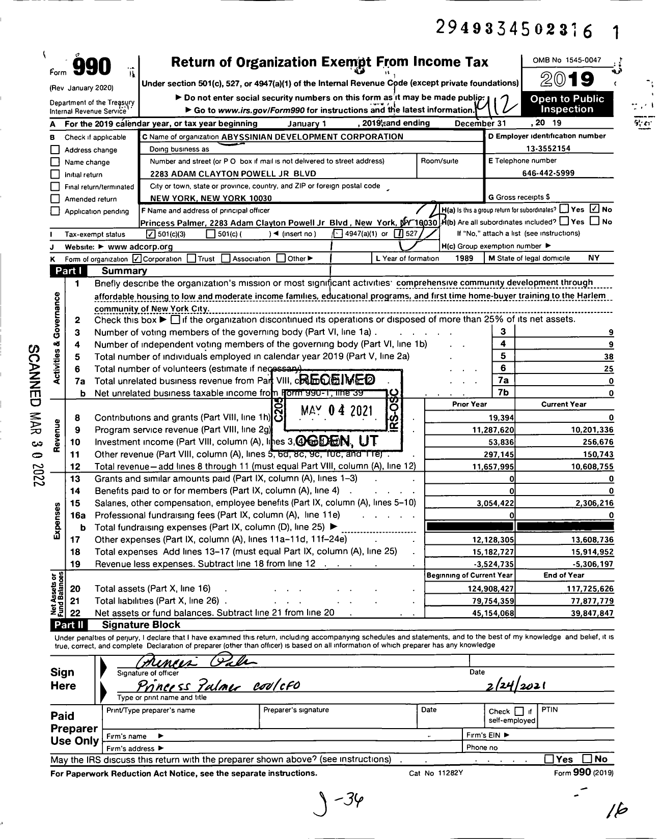 Image of first page of 2019 Form 990 for Abyssinian Development Corporation