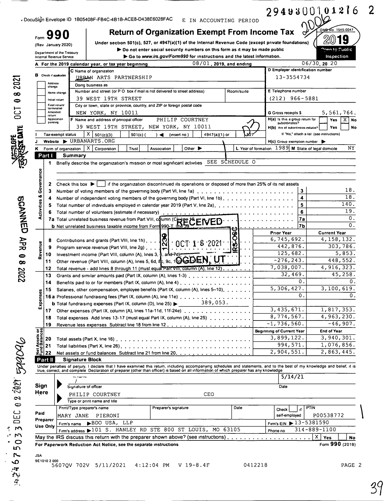 Image of first page of 2019 Form 990 for Urban Arts Partnership (UAP)