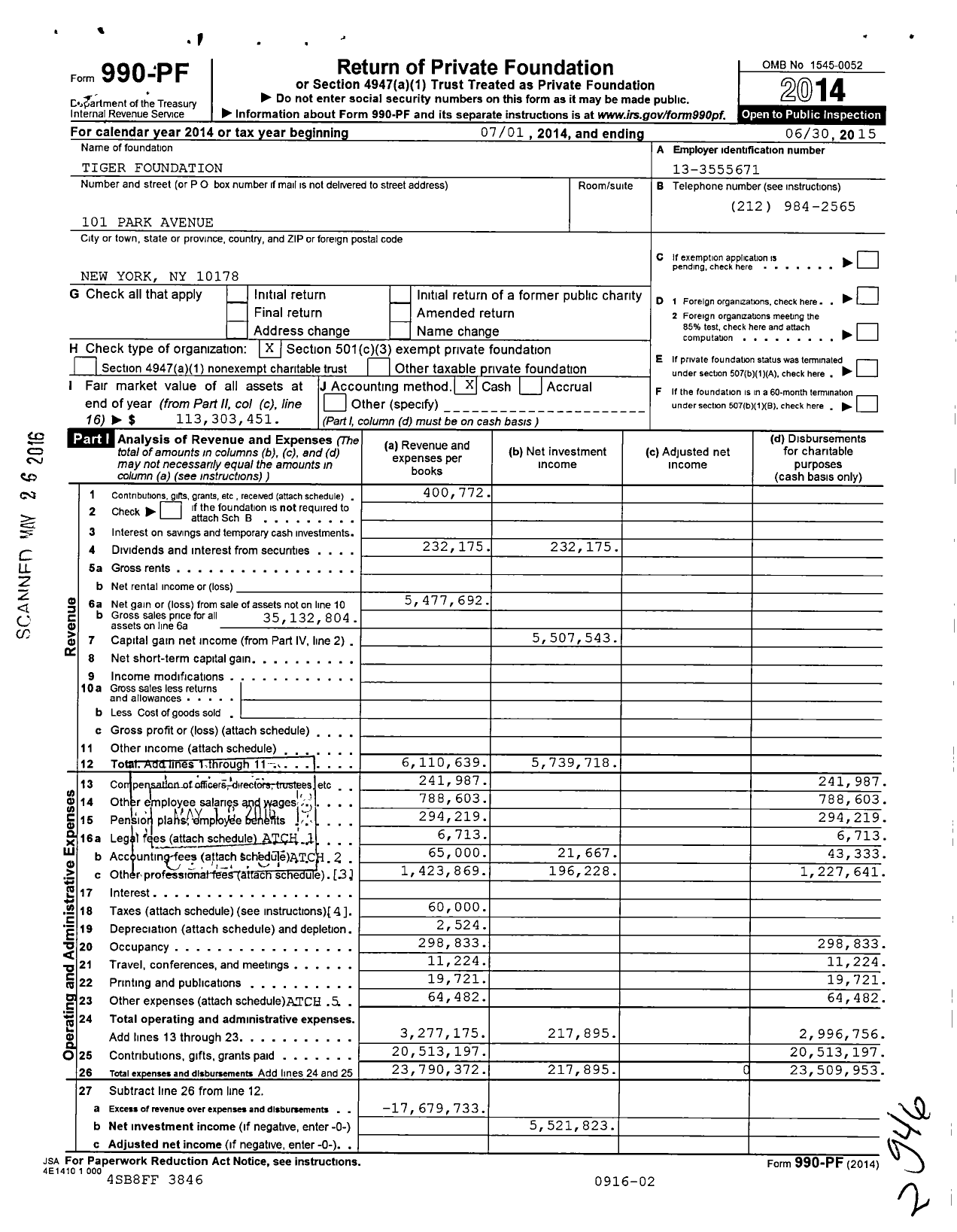 Image of first page of 2014 Form 990PF for Tiger Foundation