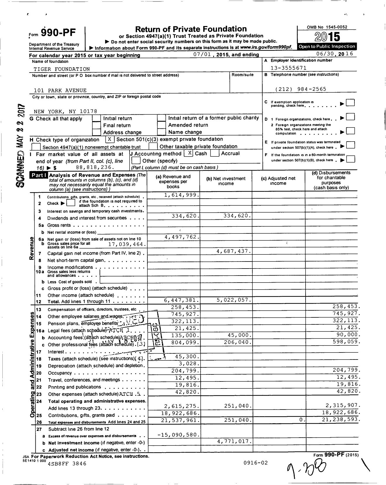 Image of first page of 2015 Form 990PF for Tiger Foundation
