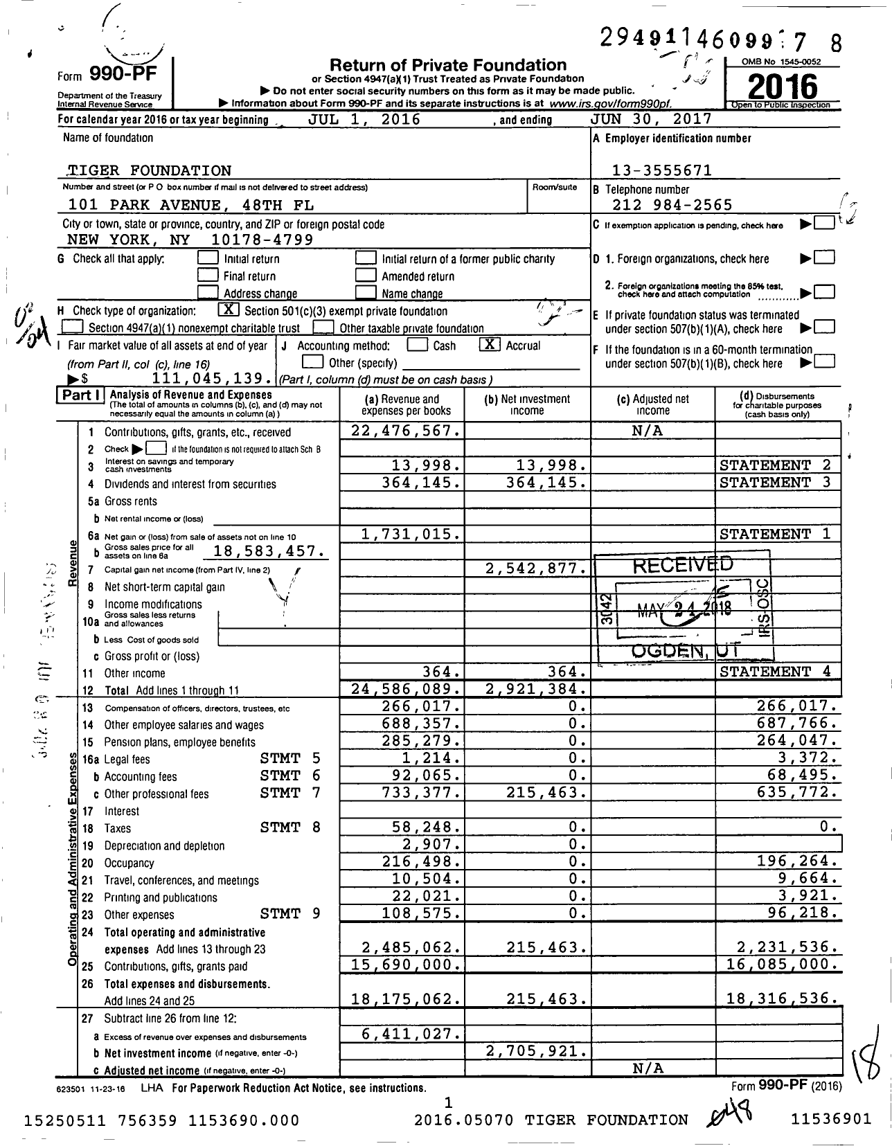 Image of first page of 2016 Form 990PF for Tiger Foundation
