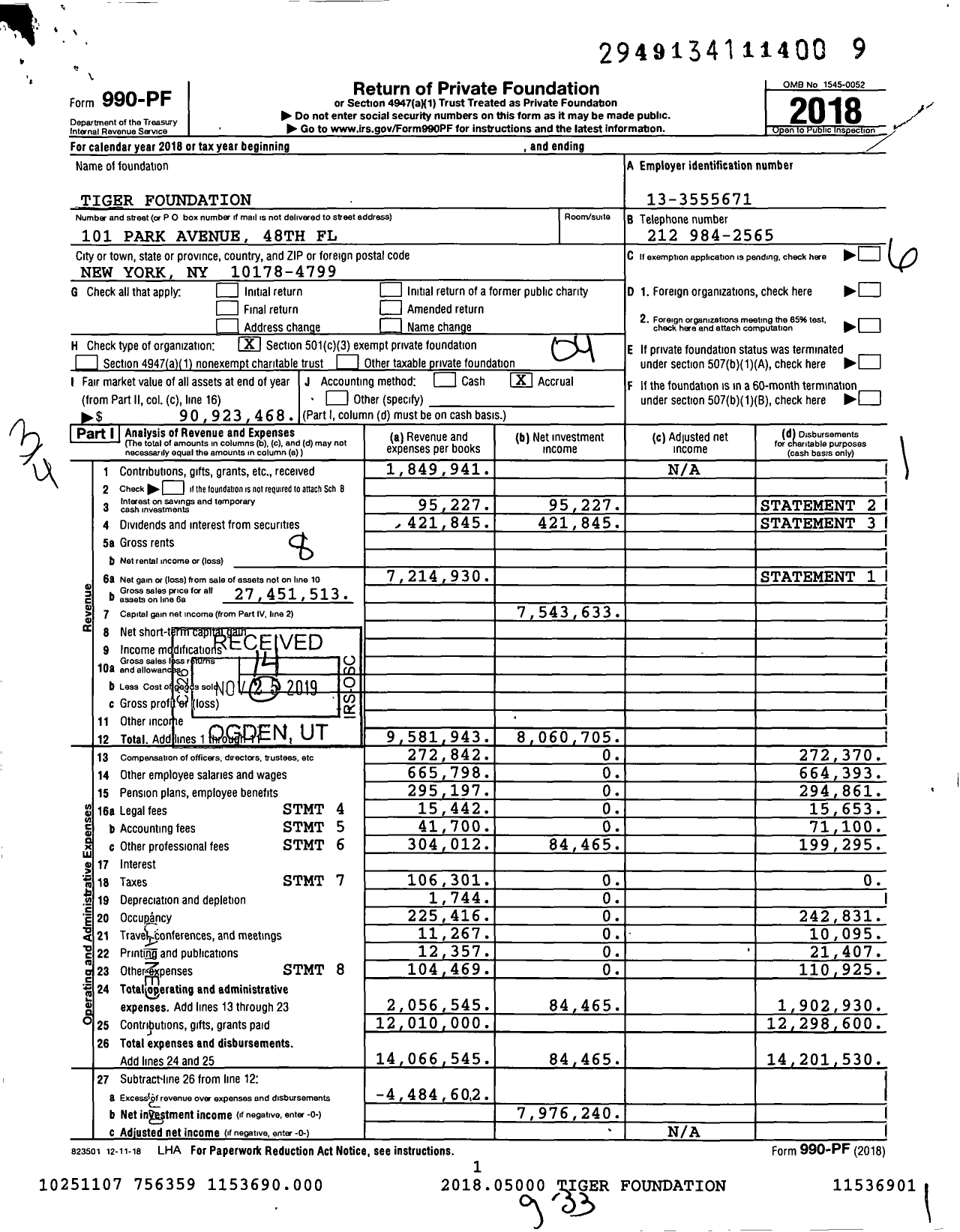 Image of first page of 2018 Form 990PF for Tiger Foundation