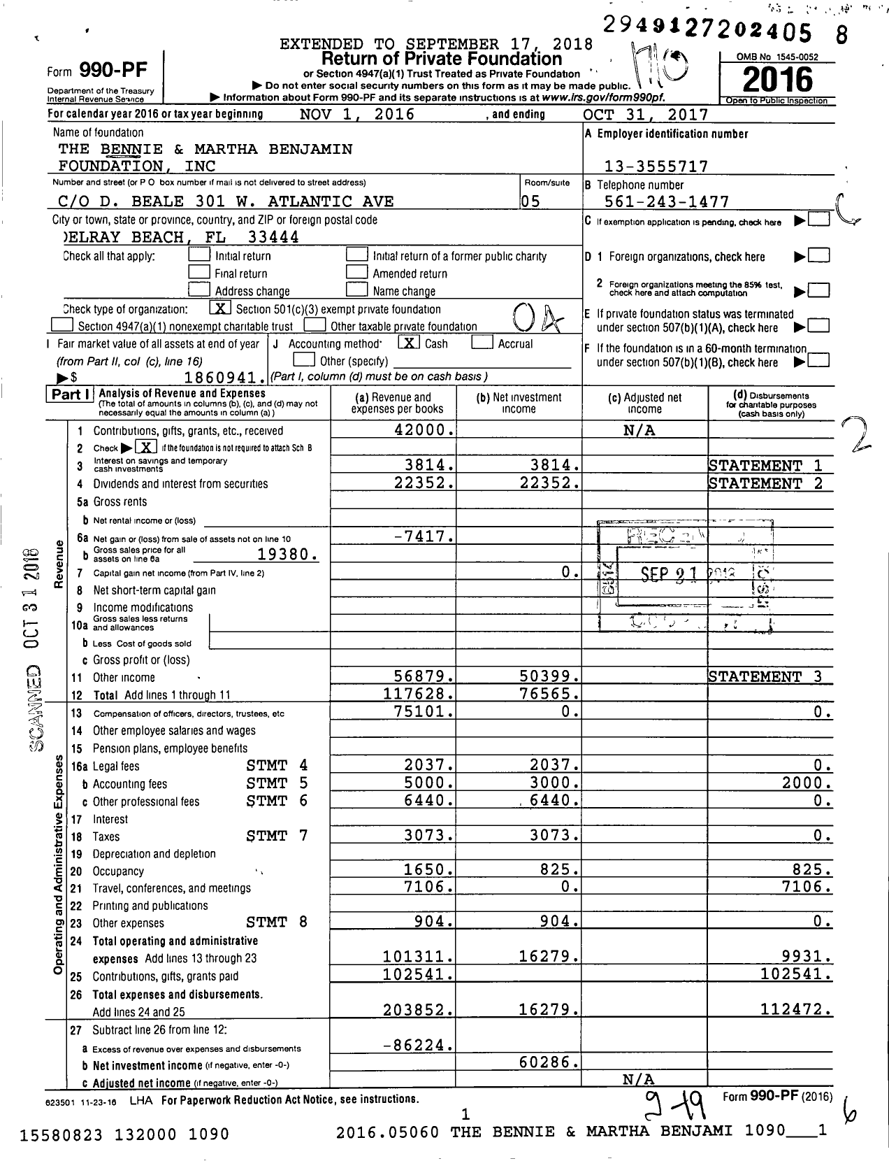 Image of first page of 2016 Form 990PF for The Bennie and Martha Benjamin Foundation