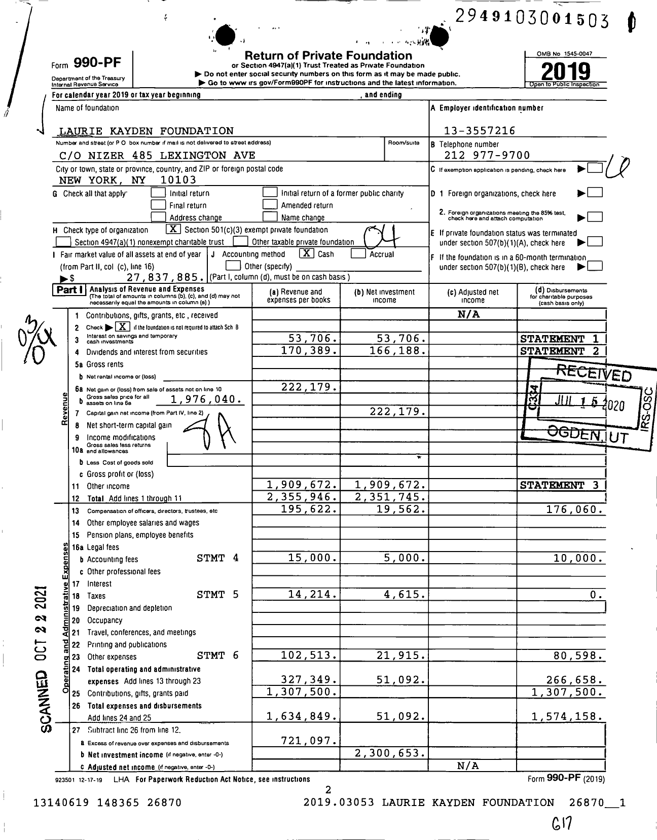 Image of first page of 2019 Form 990PF for Laurie Kayden Foundation