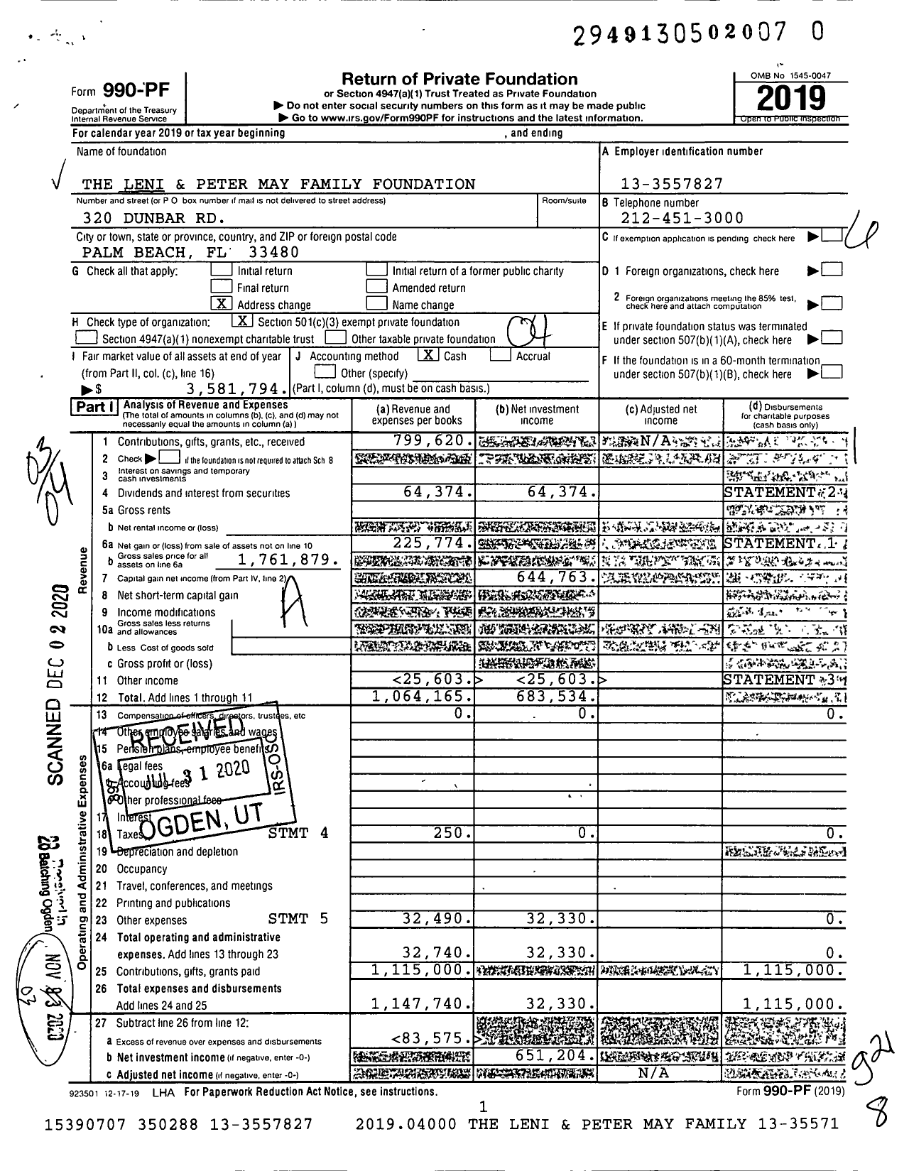 Image of first page of 2019 Form 990PF for The Leni and Peter May Family Foundation
