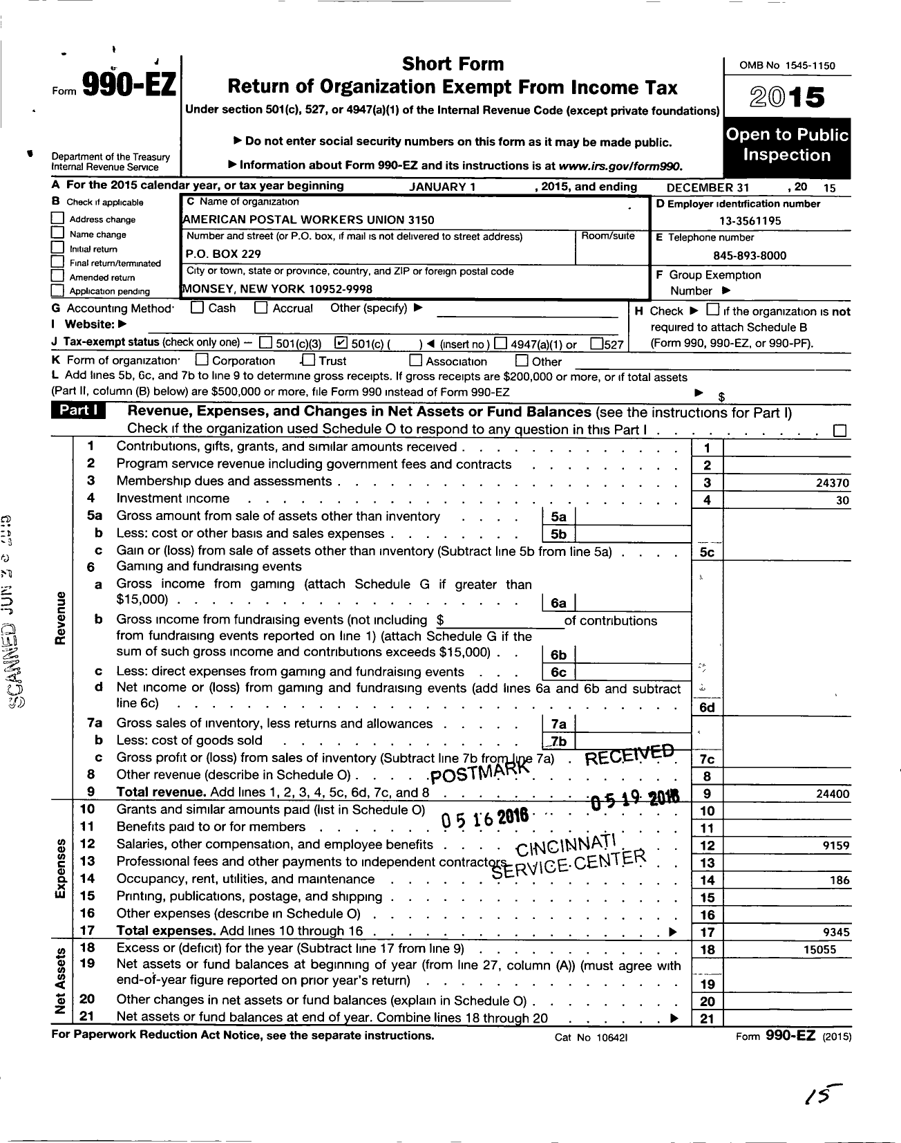 Image of first page of 2015 Form 990EO for American Postal Workers Union - 3150 Rockland & Orange Al