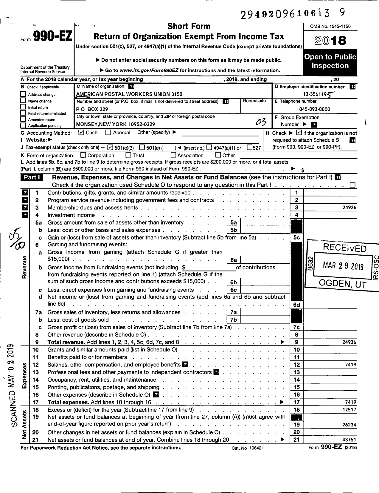 Image of first page of 2018 Form 990EO for American Postal Workers Union - 3150 Rockland & Orange Al